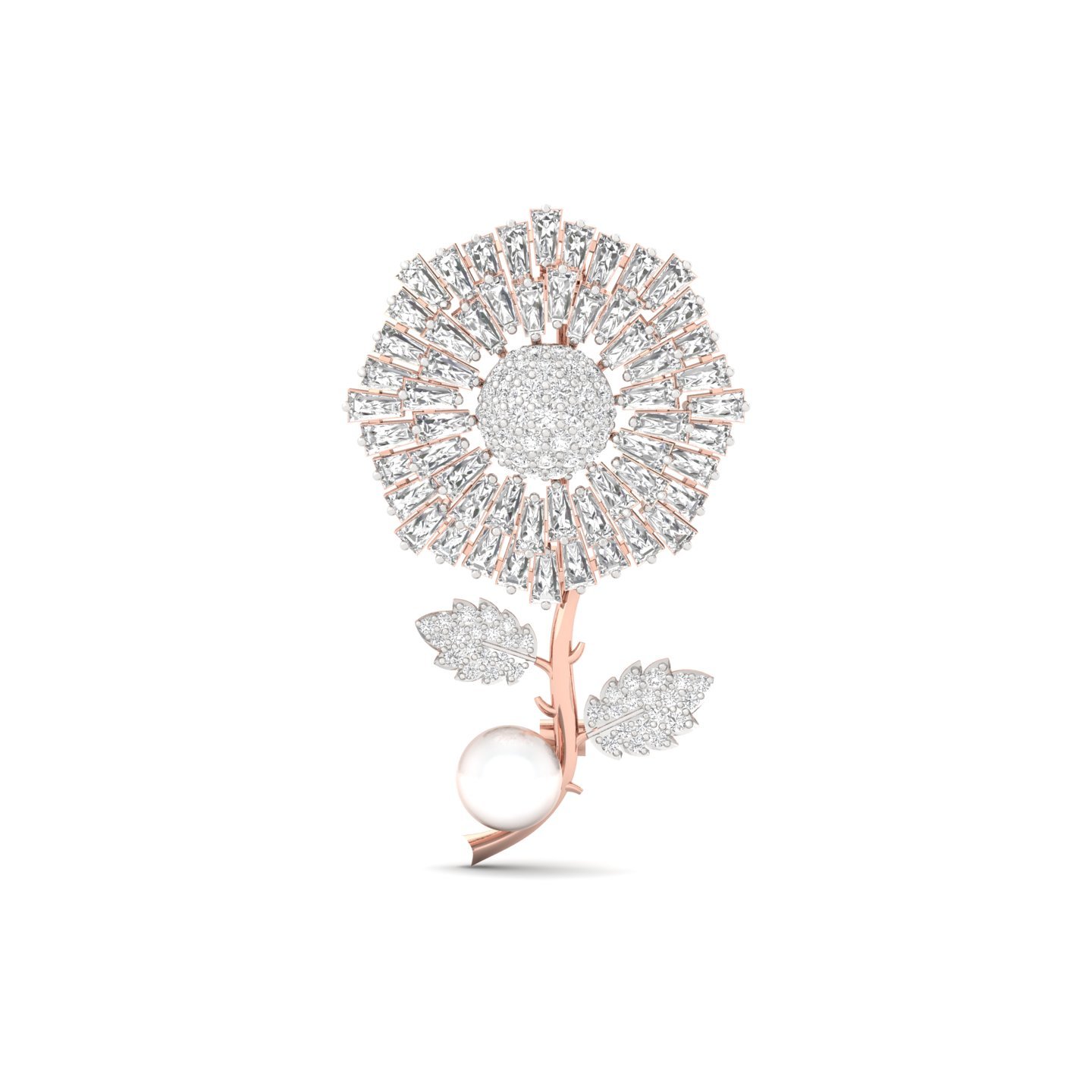 Diamond Floral Brooch | Lab Grown CVD Diamond Baguette & Round Cut Brooch Pin | 925 Silver | 10K | 14K | 18K - Rose Gold Main View