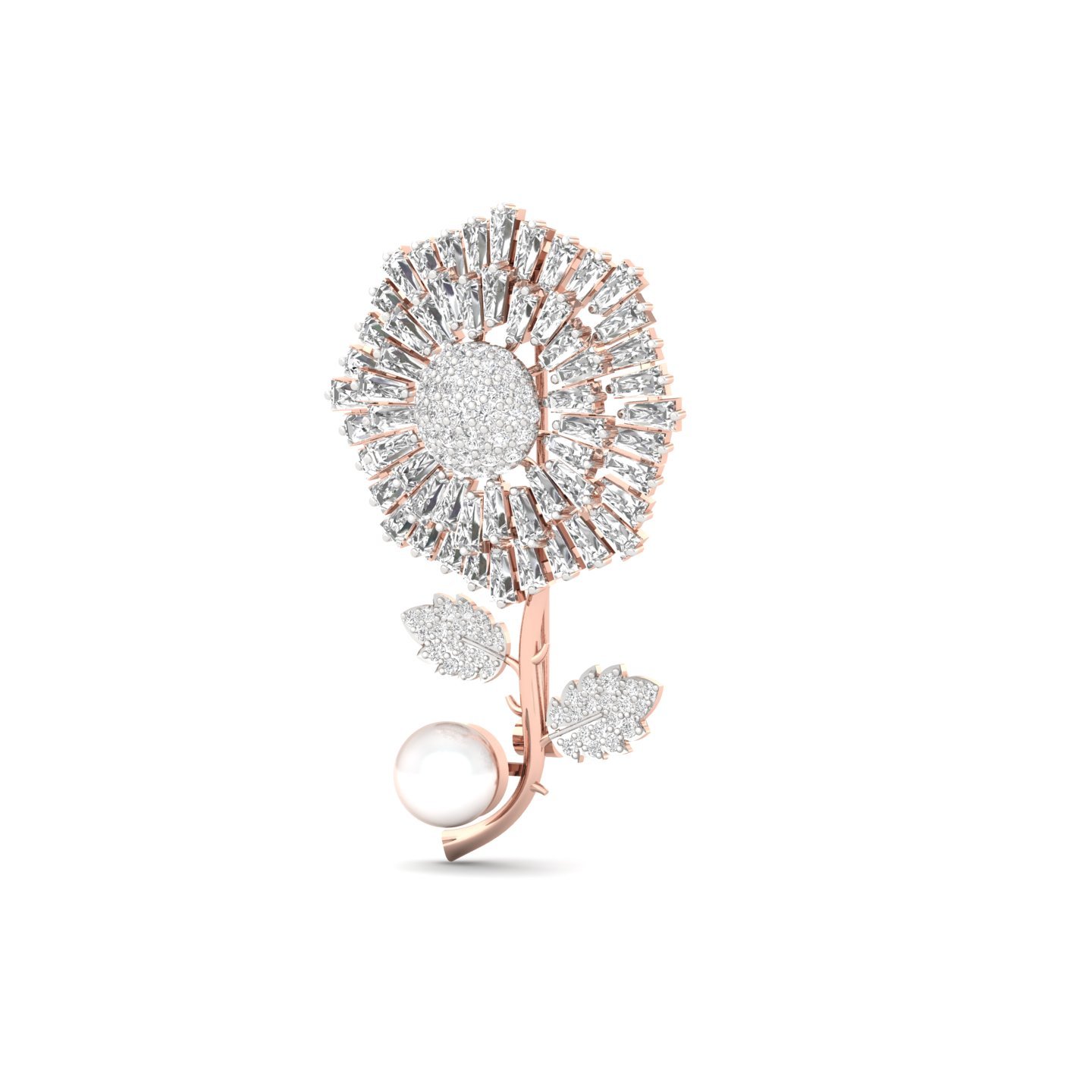 Diamond Floral Brooch | Lab Grown CVD Diamond Baguette & Round Cut Brooch Pin | 925 Silver | 10K | 14K | 18K - View 2