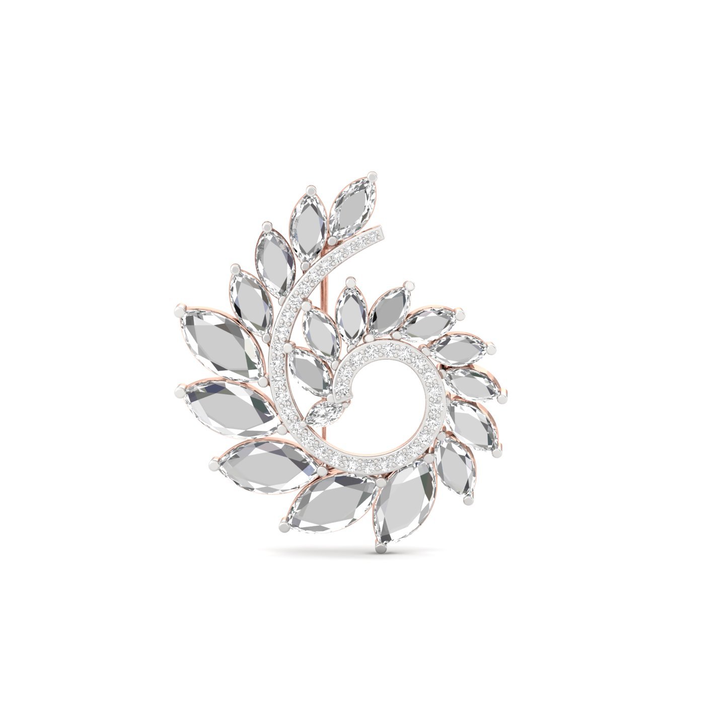 Marquise & Round Cut Diamond Leaf Brooch | Lab Grown CVD Diamond Designer Brooch Pin | 925 Silver | 10K | 14K | 18K - Rose Gold Main View