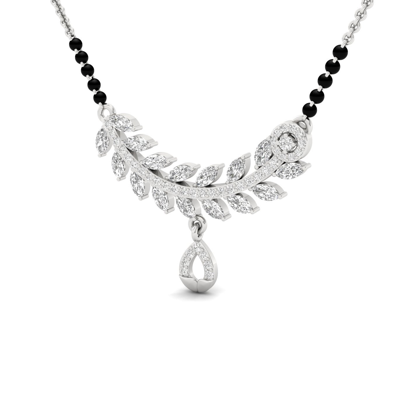 Marquise & Round Diamond Leaf Mangalsutra Pendant | Nature Inspired Lab Grown CVD Diamond Jewellery | 925 Silver | 10K | 14K | 18K - View 2