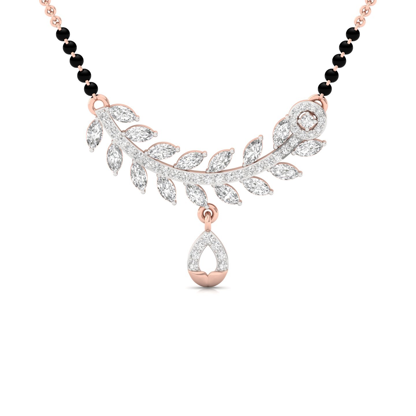 Marquise & Round Diamond Leaf Mangalsutra Pendant | Nature Inspired Lab Grown CVD Diamond Jewellery | 925 Silver | 10K | 14K | 18K - Rose Gold Main View