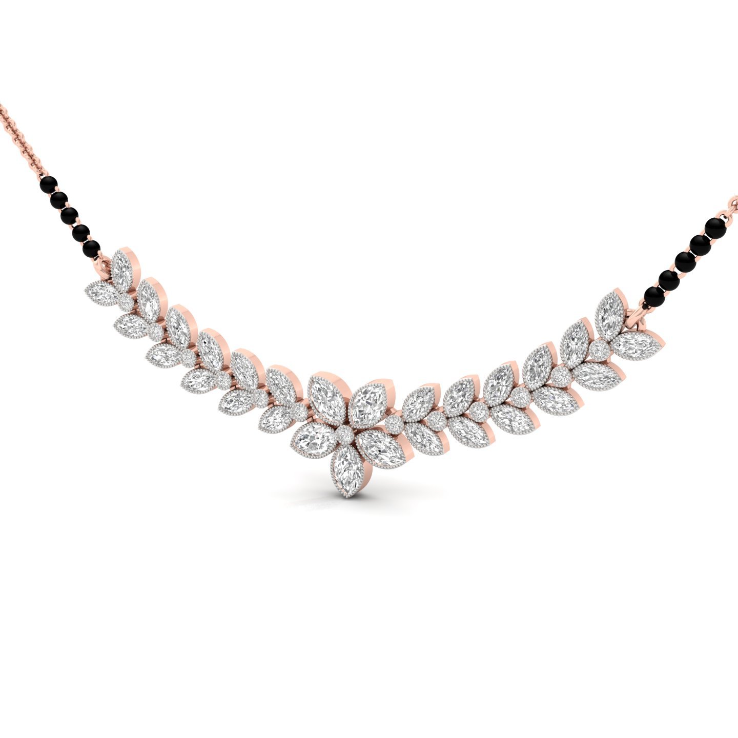 Marquise & Round Diamond Floral Mangalsutra Necklace | Elegant Lab Grown CVD Diamond Design | 925 Silver | 10K | 14K | 18K - View 2