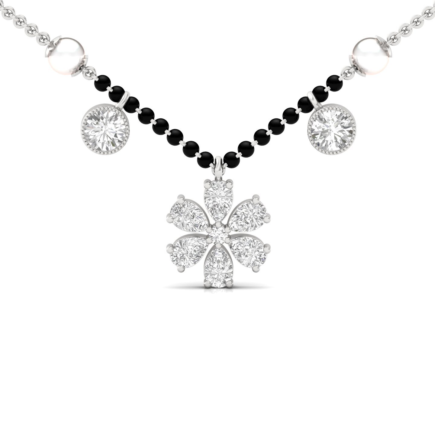 Pear & Round Diamond Mangalsutra Pendant | Floral Lab Grown CVD Diamond Necklace with Pearls | 925 Silver | 10K | 14K | 18K - Main View