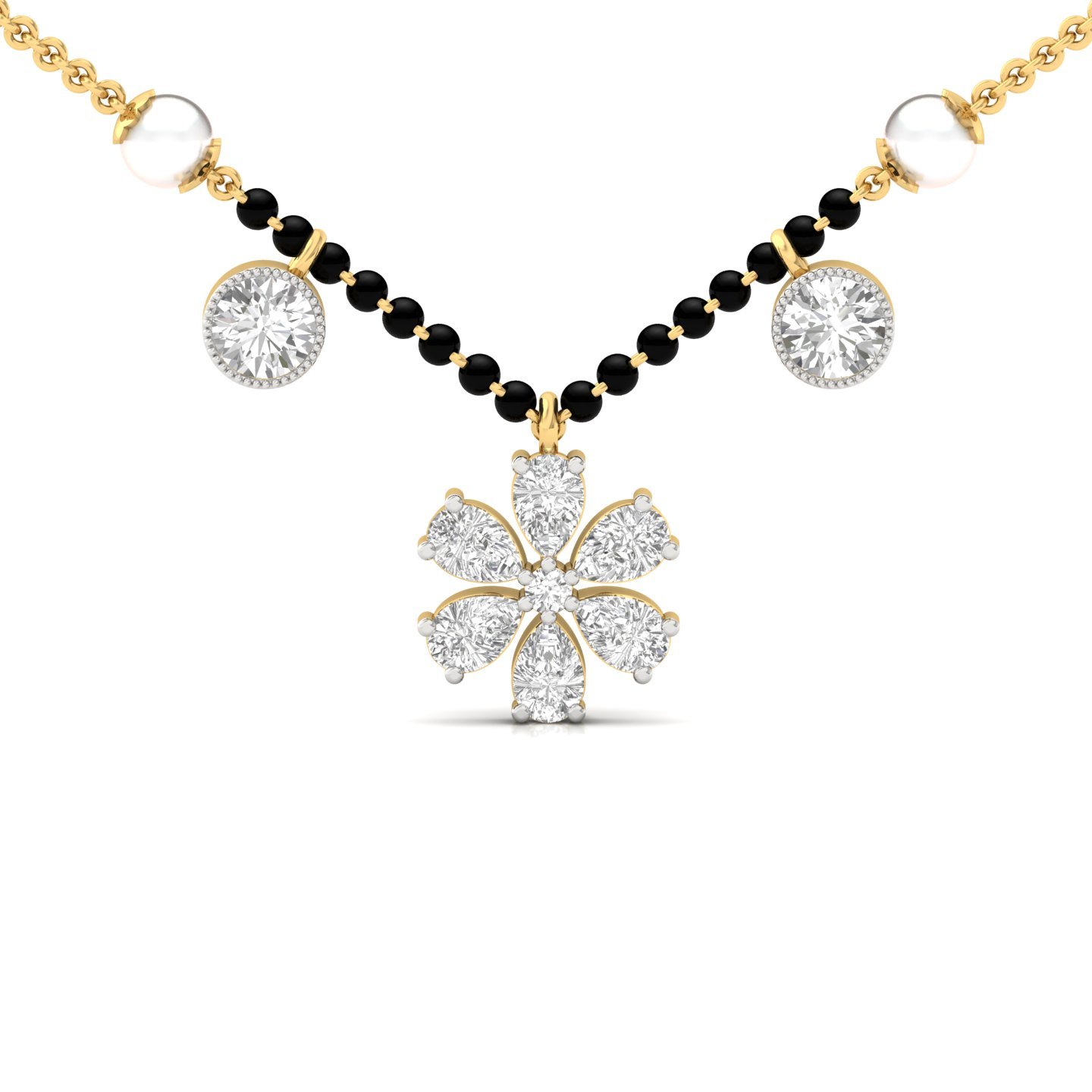 Pear & Round Diamond Mangalsutra Pendant | Floral Lab Grown CVD Diamond Necklace with Pearls | 925 Silver | 10K | 14K | 18K - Gold Main View