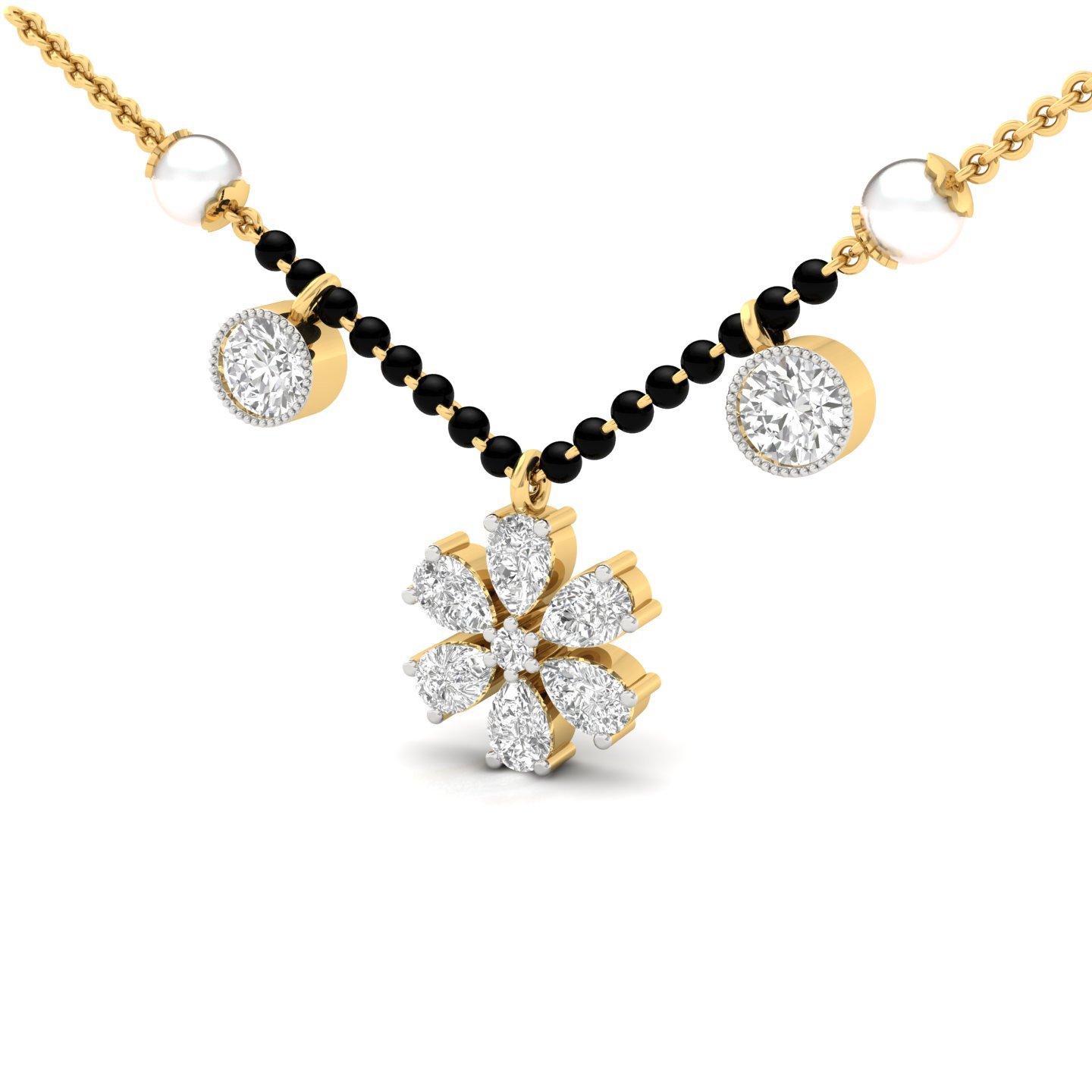 Pear & Round Diamond Mangalsutra Pendant | Floral Lab Grown CVD Diamond Necklace with Pearls | 925 Silver | 10K | 14K | 18K - View 2