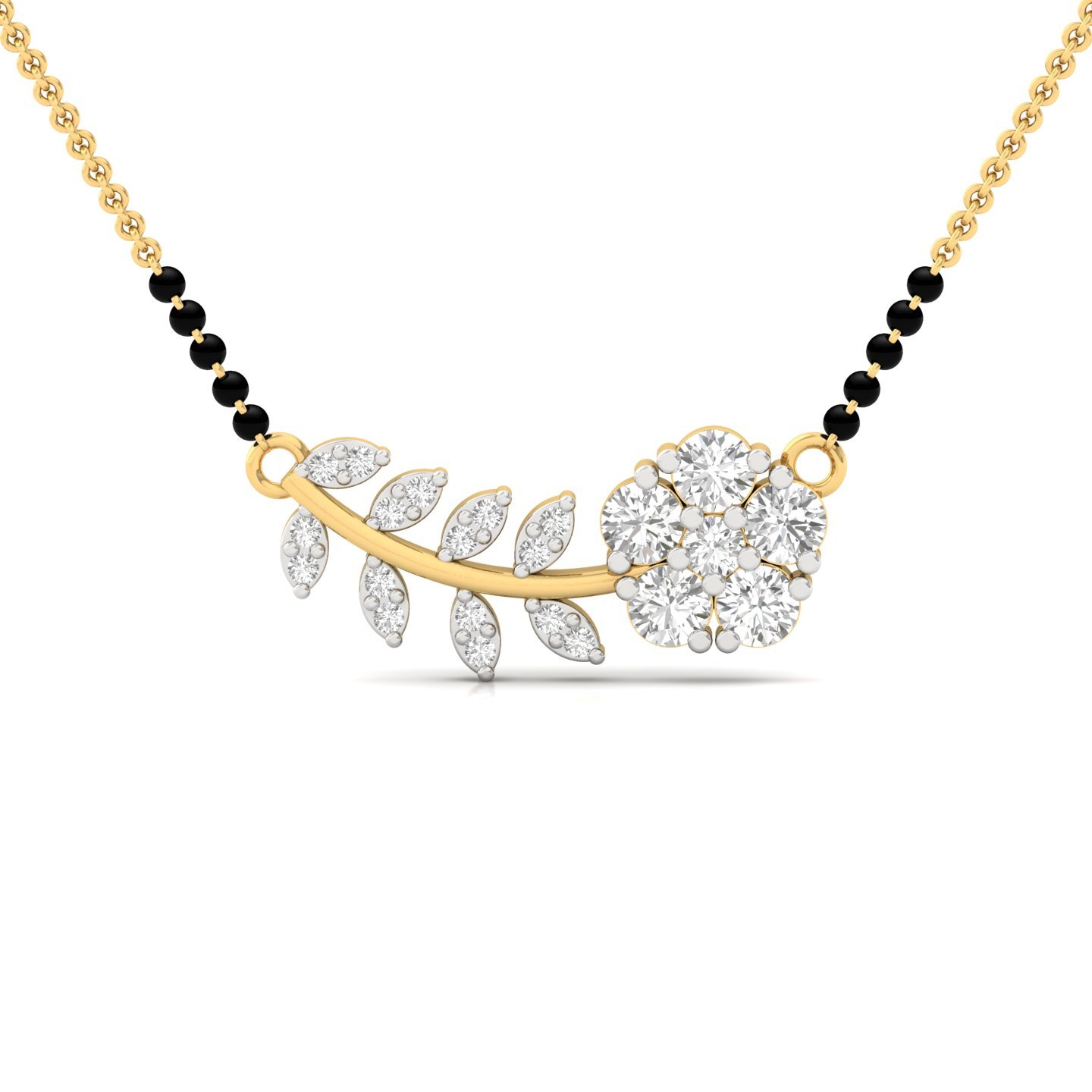 Round Cut Diamond Floral Mangalsutra Pendant | Elegant Lab Grown CVD Diamond Flower & Leaf Design | 925 Silver | 10K | 14K | 18K - Gold Main View