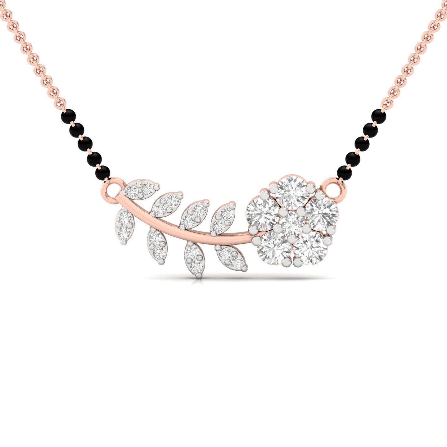 Round Cut Diamond Floral Mangalsutra Pendant | Elegant Lab Grown CVD Diamond Flower & Leaf Design | 925 Silver | 10K | 14K | 18K - Rose Gold Main View
