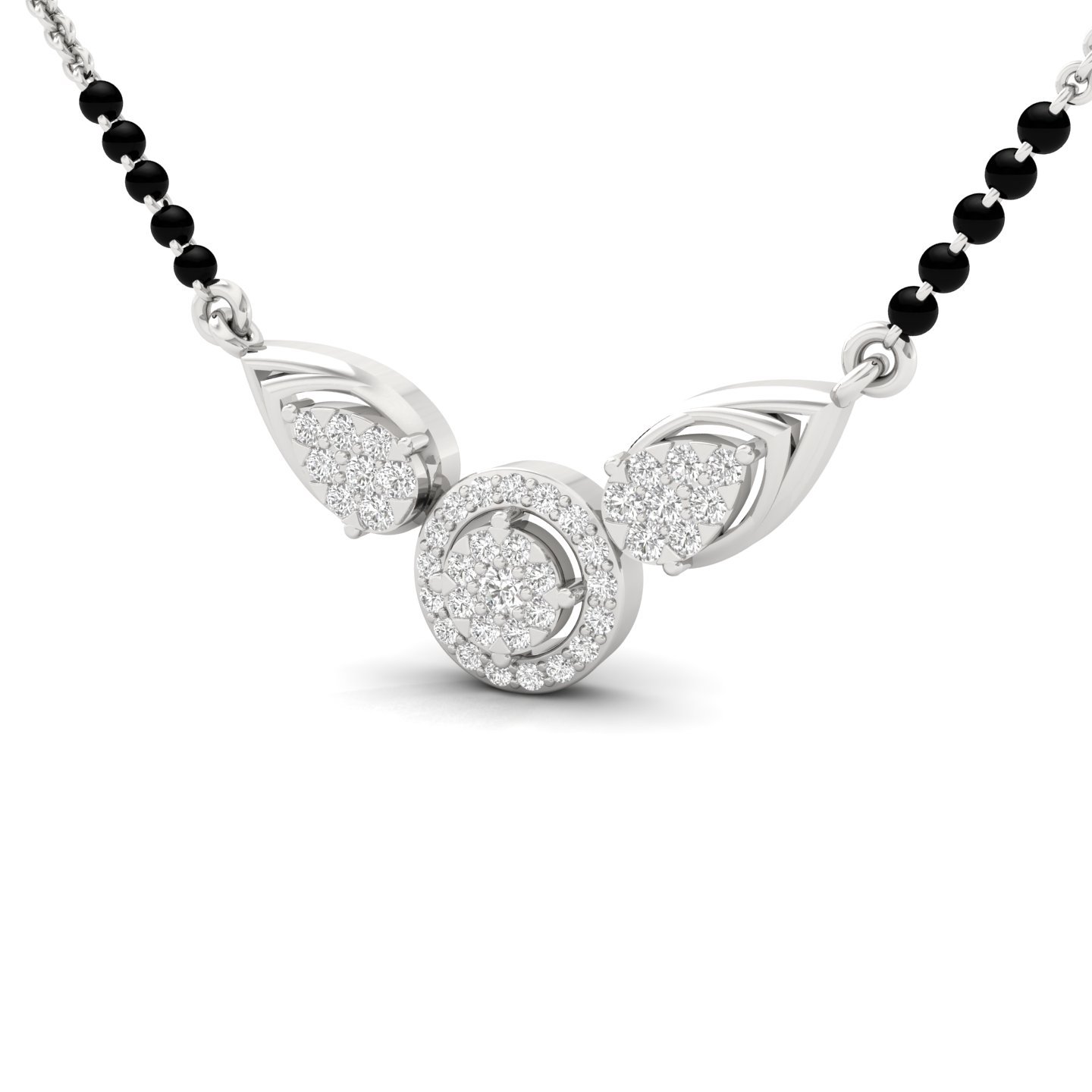 Round Cut Diamond Mangalsutra Pendant | Dual Leaf & Halo Lab Grown CVD Diamond Design | 925 Silver | 10K | 14K | 18K - View 2