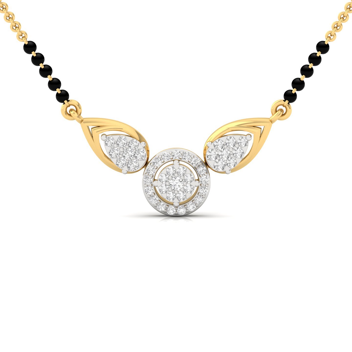 Round Cut Diamond Mangalsutra Pendant | Dual Leaf & Halo Lab Grown CVD Diamond Design | 925 Silver | 10K | 14K | 18K - Gold Main View