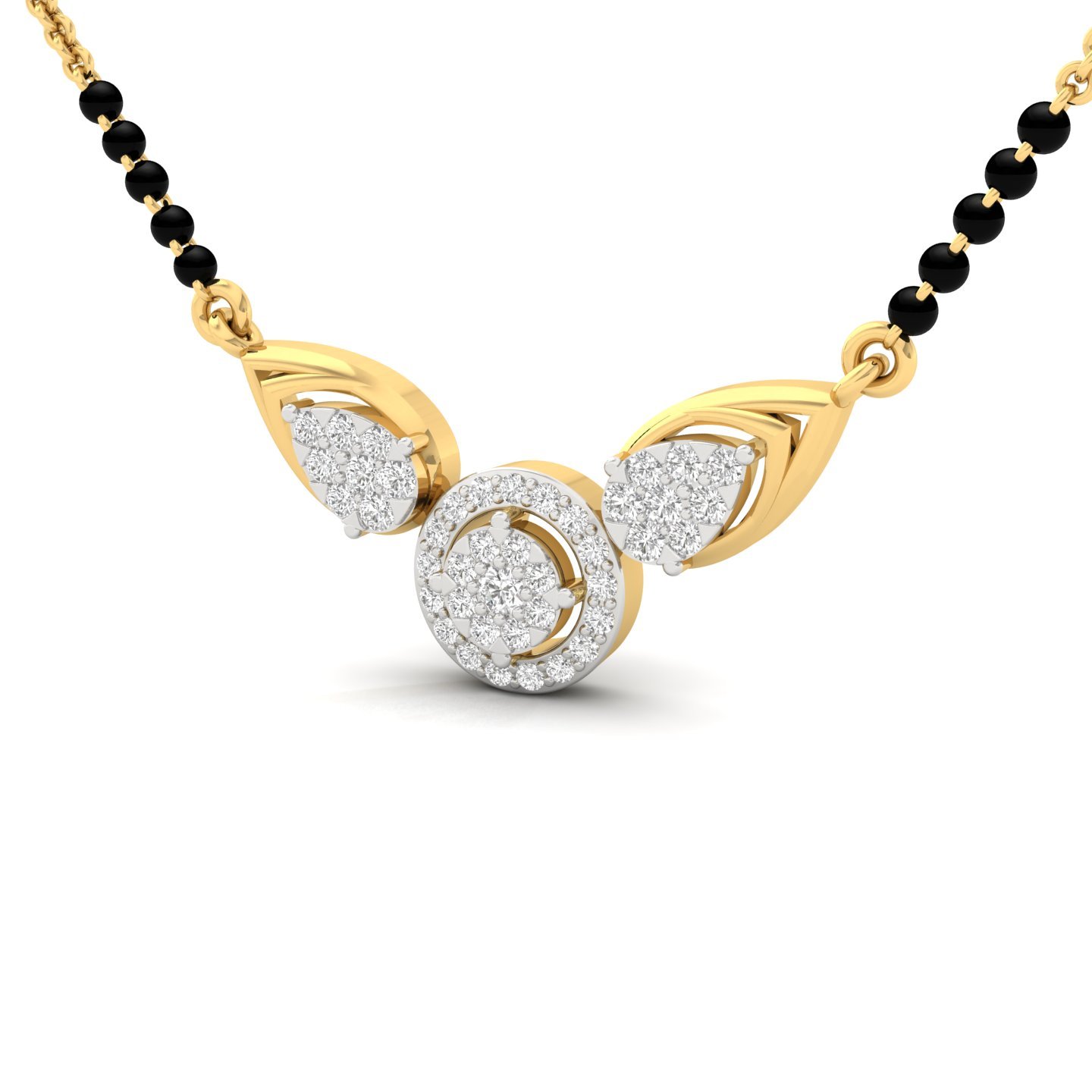 Round Cut Diamond Mangalsutra Pendant | Dual Leaf & Halo Lab Grown CVD Diamond Design | 925 Silver | 10K | 14K | 18K - View 2