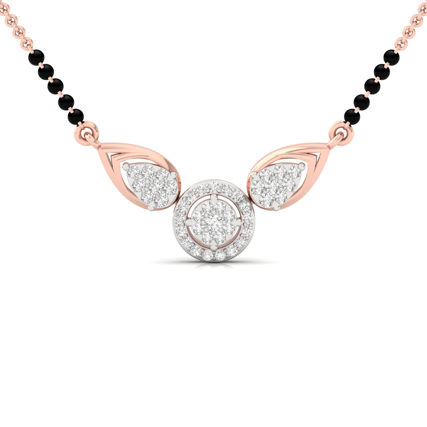 Round Cut Diamond Mangalsutra Pendant | Dual Leaf & Halo Lab Grown CVD Diamond Design | 925 Silver | 10K | 14K | 18K - Rose Gold Main View