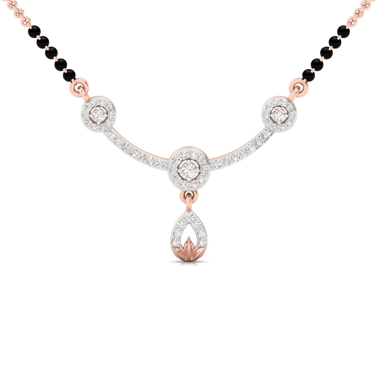 Round Cut Diamond Mangalsutra Pendant | Halo & Drop Lab Grown CVD Diamond Design | 925 Silver | 10K | 14K | 18K - Rose Gold Main View