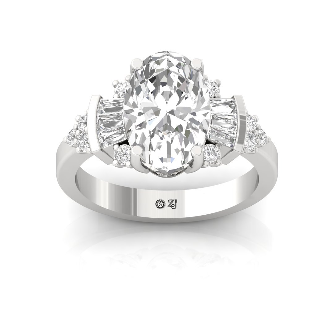 Oval & Baguette & Round Diamond Engagement Ring | Elegant Multi-Stone Lab Grown Diamond Ring | Eternal Promise 925 Silver | 10K | 14K | 18K - Main View