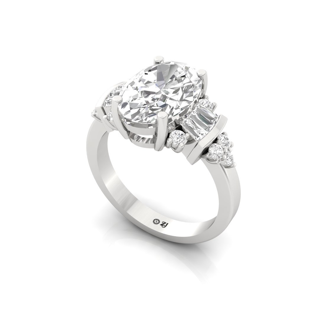 Oval & Baguette & Round Diamond Engagement Ring | Elegant Multi-Stone Lab Grown Diamond Ring | Eternal Promise 925 Silver | 10K | 14K | 18K - View 2
