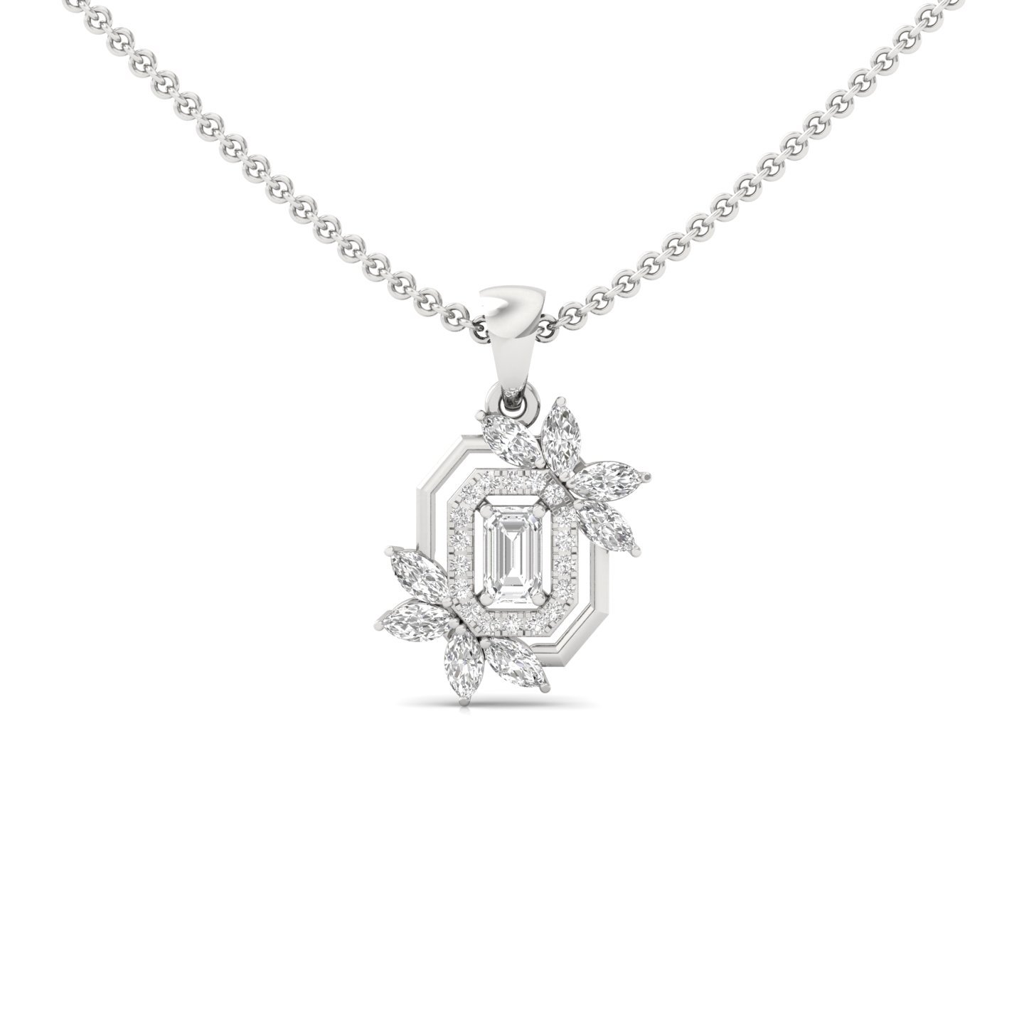 Emerald & Marquise Cut Diamond Pendant | Lab Grown CVD Diamonds | Floral Designer Pendant (Without Chain) | 925 Silver | 10K | 14K | 18K - Main View