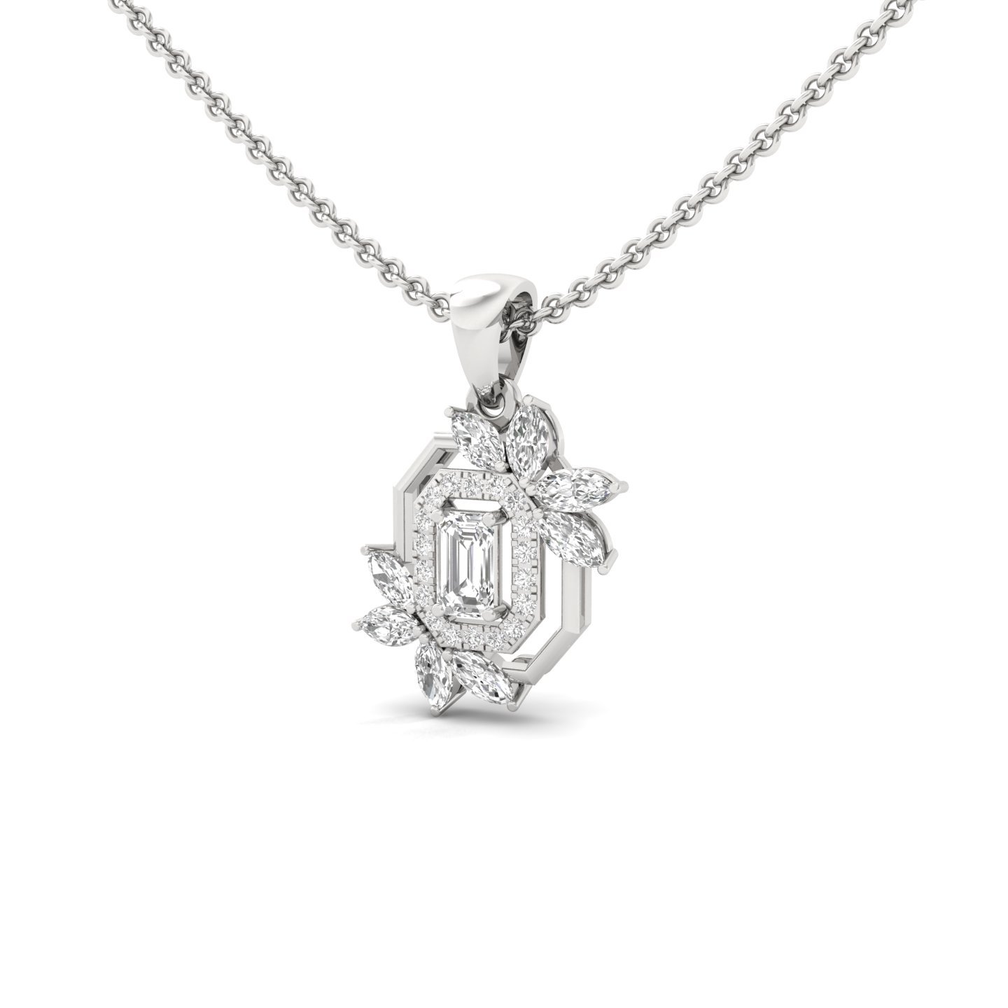 Emerald & Marquise Cut Diamond Pendant | Lab Grown CVD Diamonds | Floral Designer Pendant (Without Chain) | 925 Silver | 10K | 14K | 18K - View 3