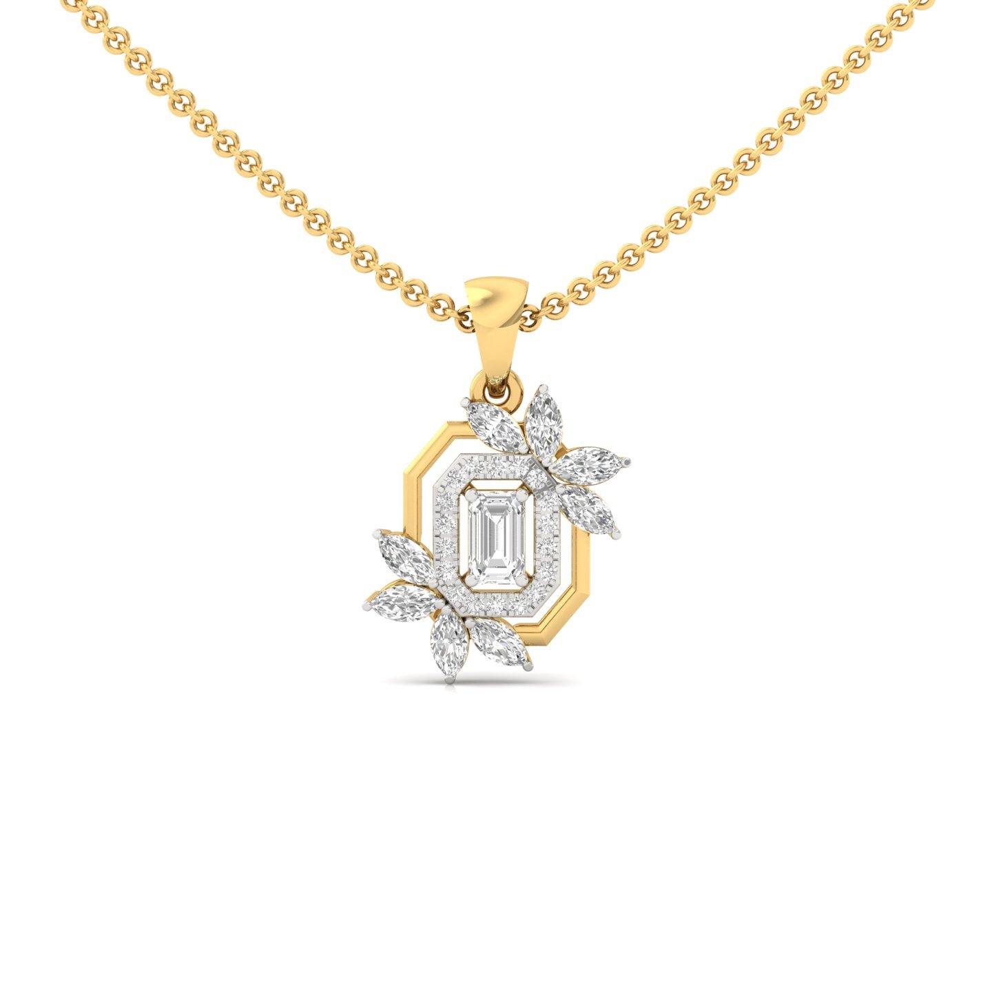 Emerald & Marquise Cut Diamond Pendant | Lab Grown CVD Diamonds | Floral Designer Pendant (Without Chain) | 925 Silver | 10K | 14K | 18K - Gold Main View