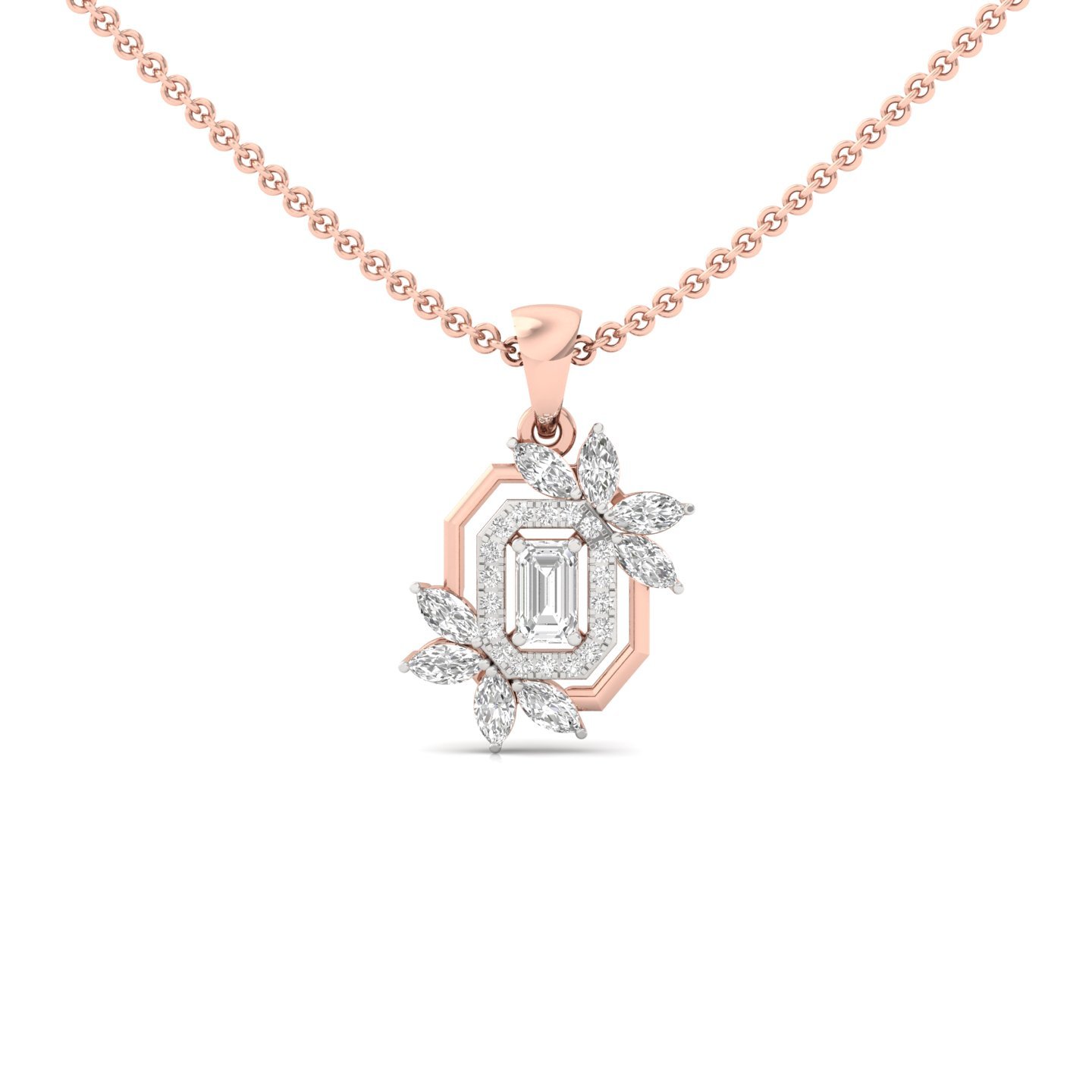 Emerald & Marquise Cut Diamond Pendant | Lab Grown CVD Diamonds | Floral Designer Pendant (Without Chain) | 925 Silver | 10K | 14K | 18K - Rose Gold Main View