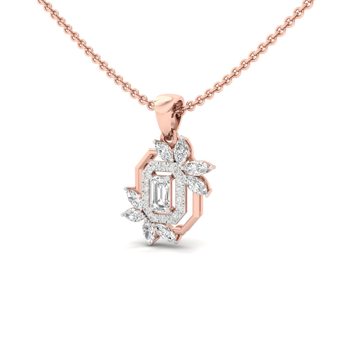 Emerald & Marquise Cut Diamond Pendant | Lab Grown CVD Diamonds | Floral Designer Pendant (Without Chain) | 925 Silver | 10K | 14K | 18K - View 2