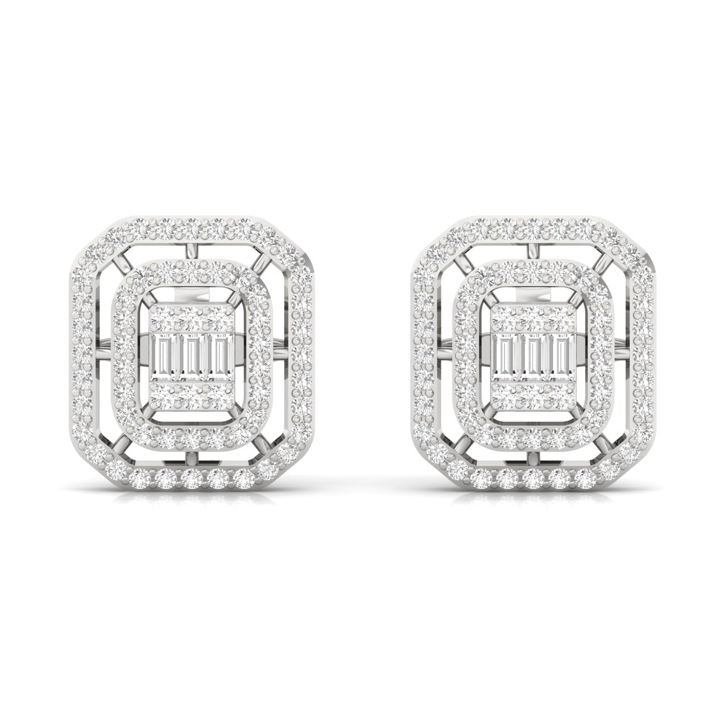 Baguette & Round Cut Diamond Stud Earrings (1 Pair) | Vintage Lab Grown CVD Diamond Halo Earrings | 925 Silver | 10K | 14K | 18K - View 2