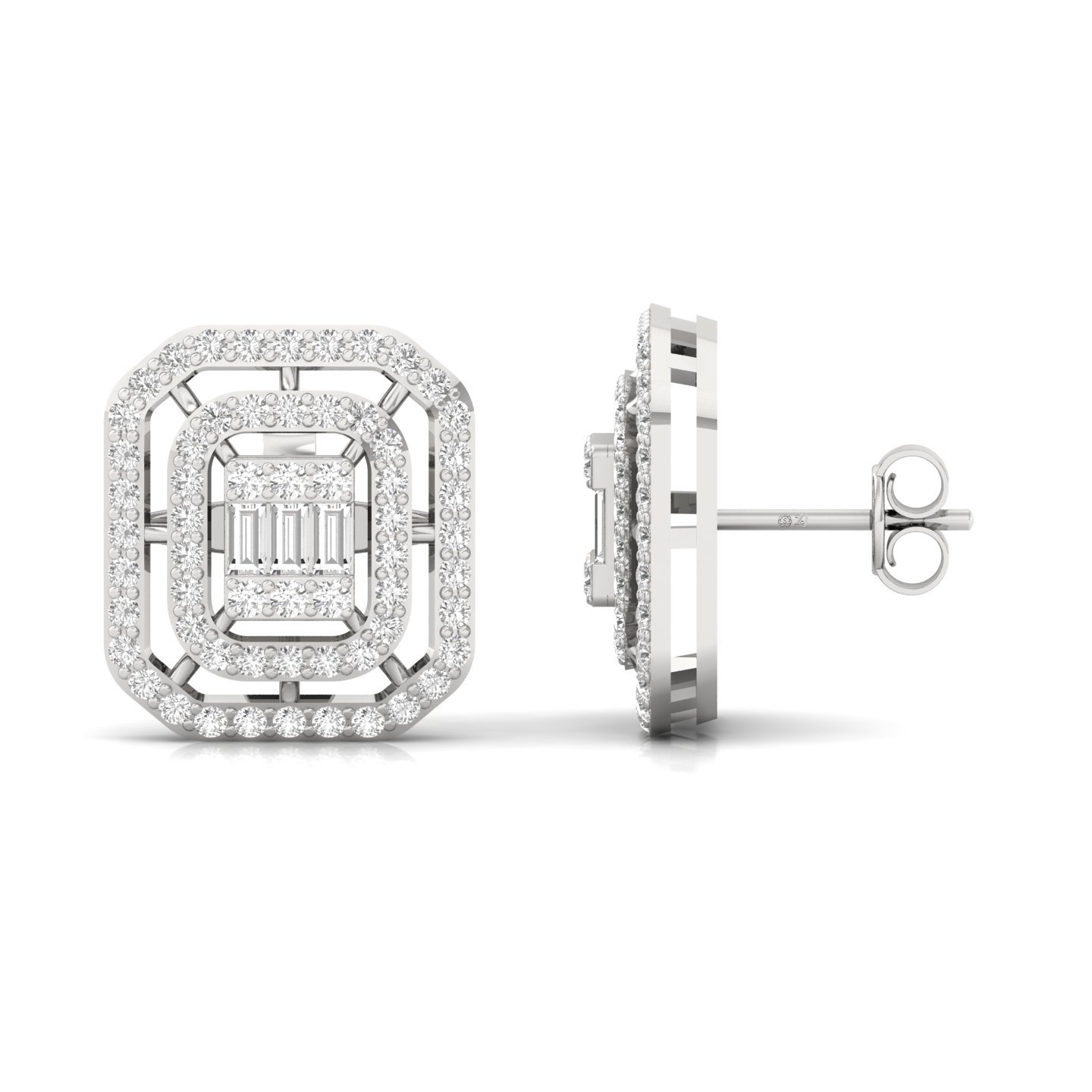 Baguette & Round Cut Diamond Stud Earrings (1 Pair) | Vintage Lab Grown CVD Diamond Halo Earrings | 925 Silver | 10K | 14K | 18K - Main View