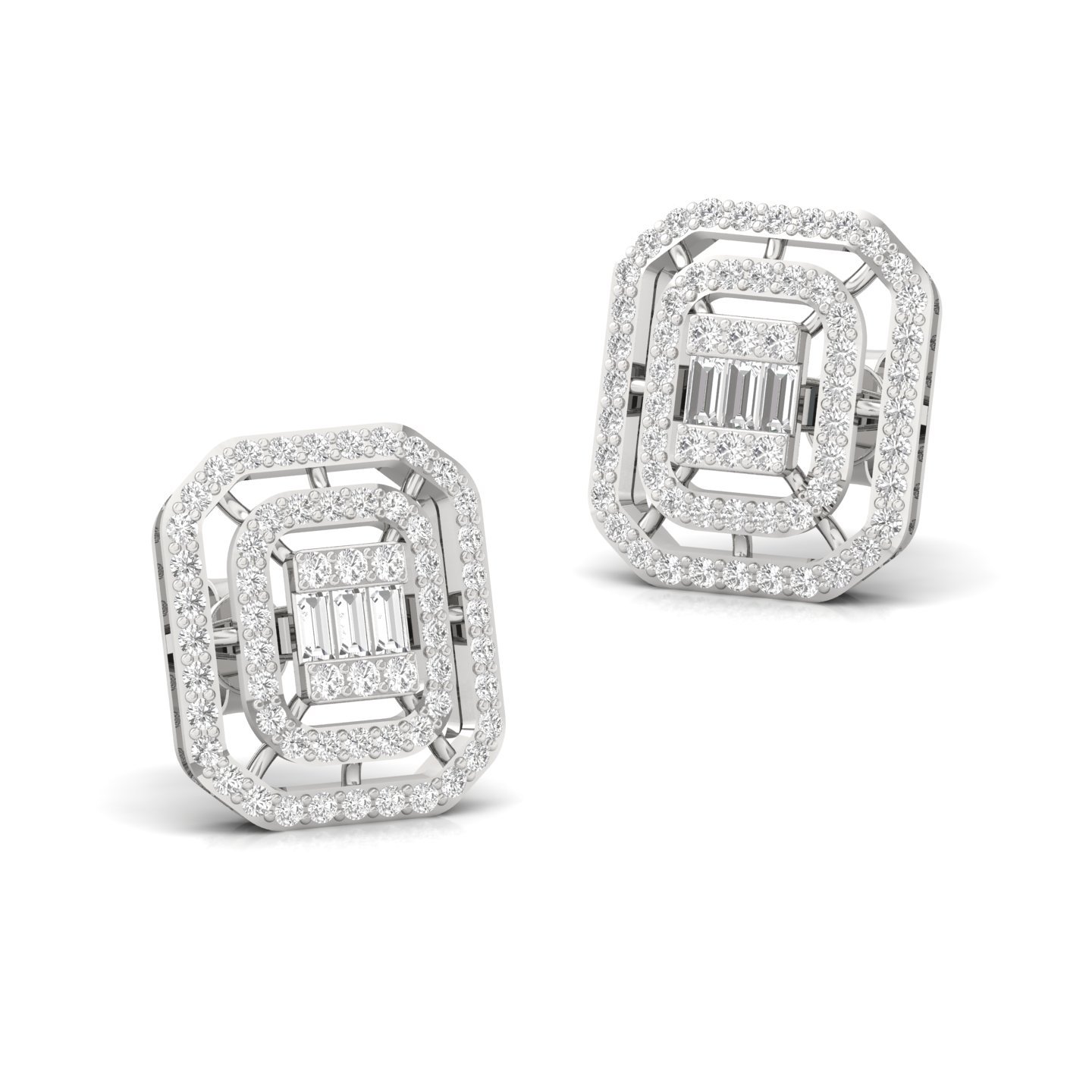 Baguette & Round Cut Diamond Stud Earrings (1 Pair) | Vintage Lab Grown CVD Diamond Halo Earrings | 925 Silver | 10K | 14K | 18K - View 3