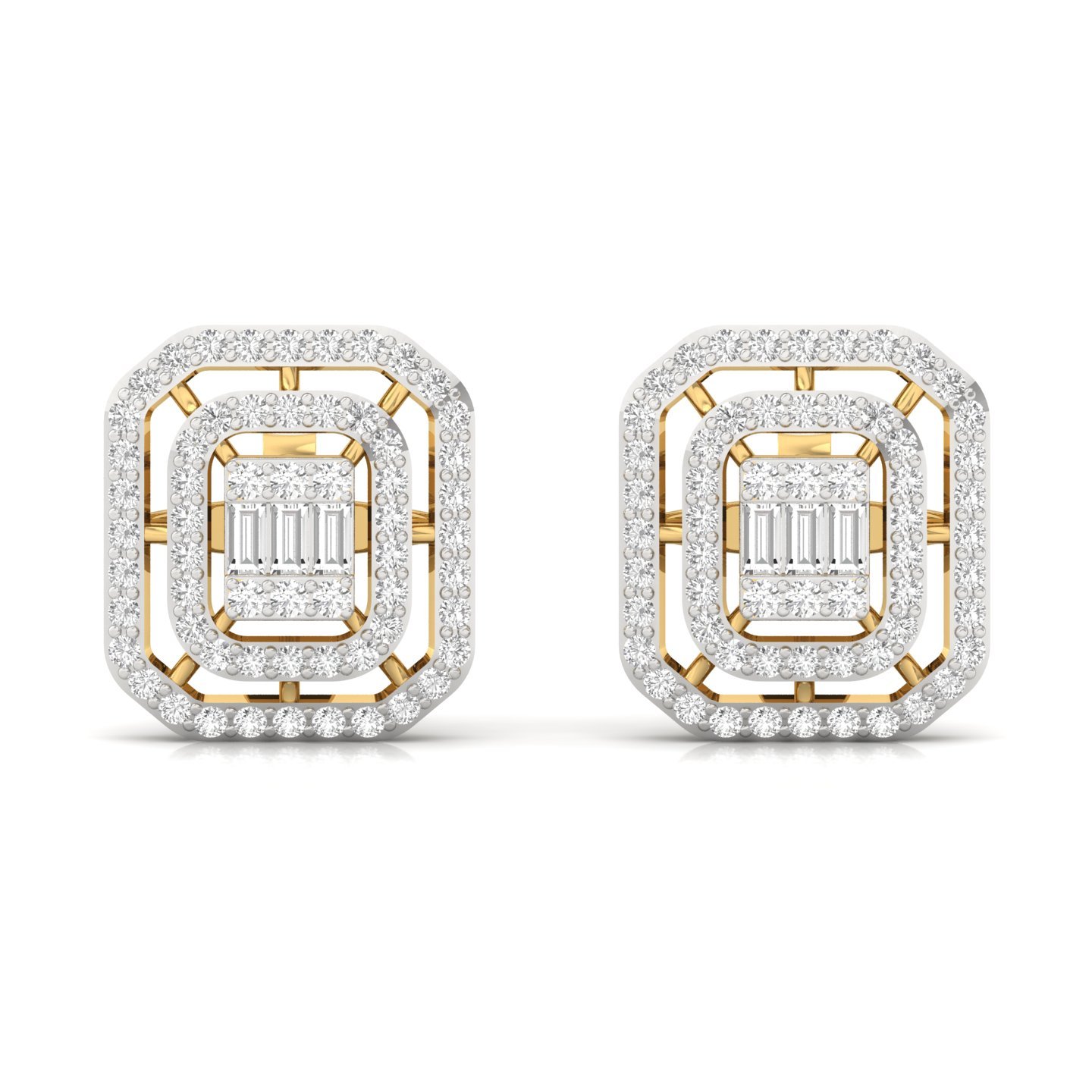 Baguette & Round Cut Diamond Stud Earrings (1 Pair) | Vintage Lab Grown CVD Diamond Halo Earrings | 925 Silver | 10K | 14K | 18K - View 2