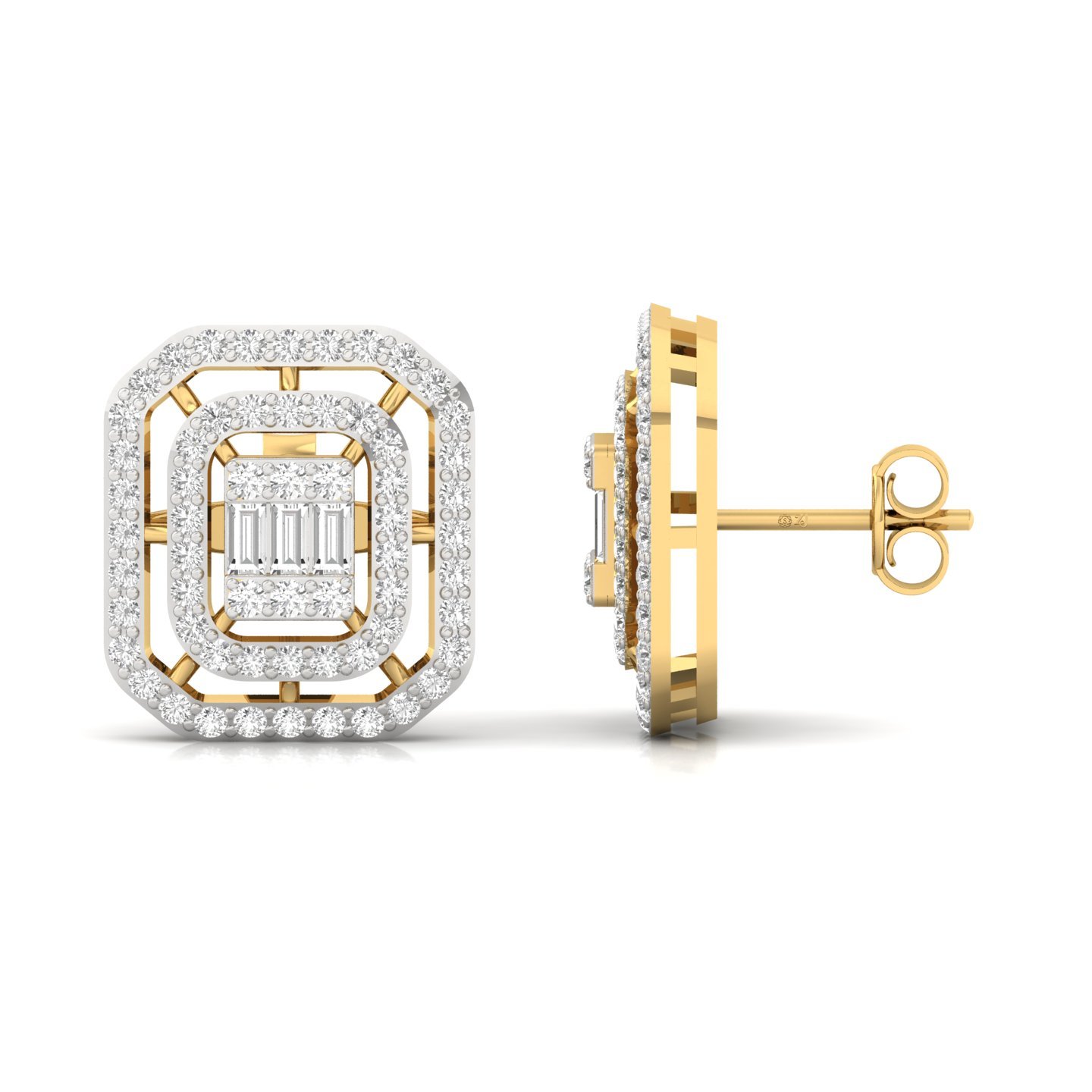 Baguette & Round Cut Diamond Stud Earrings (1 Pair) | Vintage Lab Grown CVD Diamond Halo Earrings | 925 Silver | 10K | 14K | 18K - Gold Main View