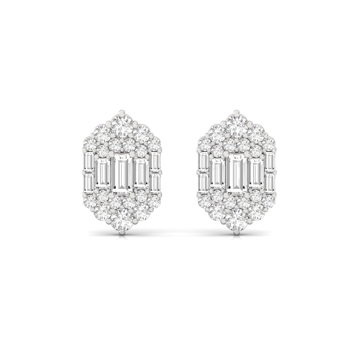 Baguette & Round Cut Diamond Stud Earrings (1 Pair) | Elegant Lab Grown CVD Diamond Cluster Earrings | 925 Silver | 10K | 14K | 18K - View 2