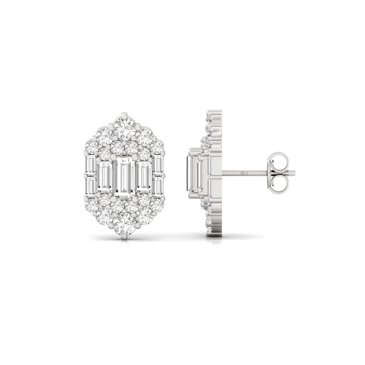 Baguette & Round Cut Diamond Stud Earrings (1 Pair) | Elegant Lab Grown CVD Diamond Cluster Earrings | 925 Silver | 10K | 14K | 18K - Main View