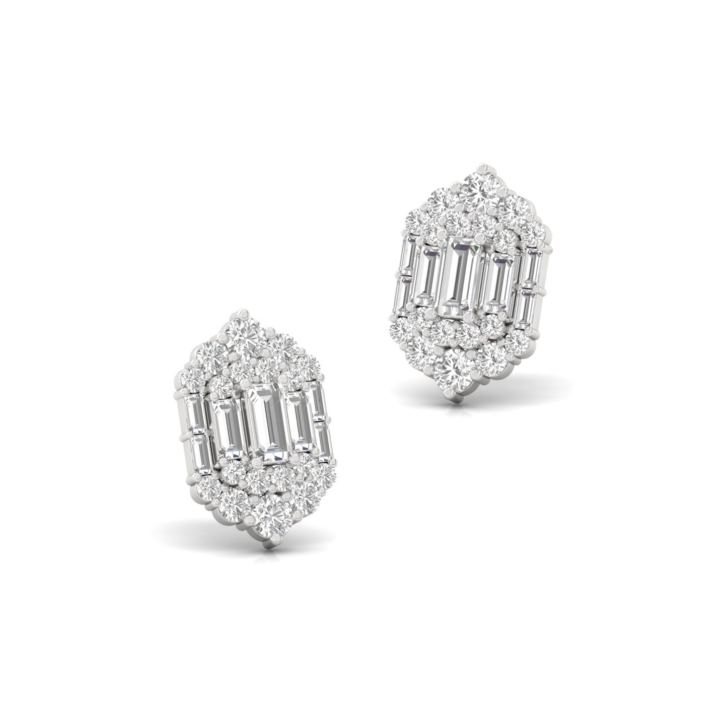Baguette & Round Cut Diamond Stud Earrings (1 Pair) | Elegant Lab Grown CVD Diamond Cluster Earrings | 925 Silver | 10K | 14K | 18K - View 3