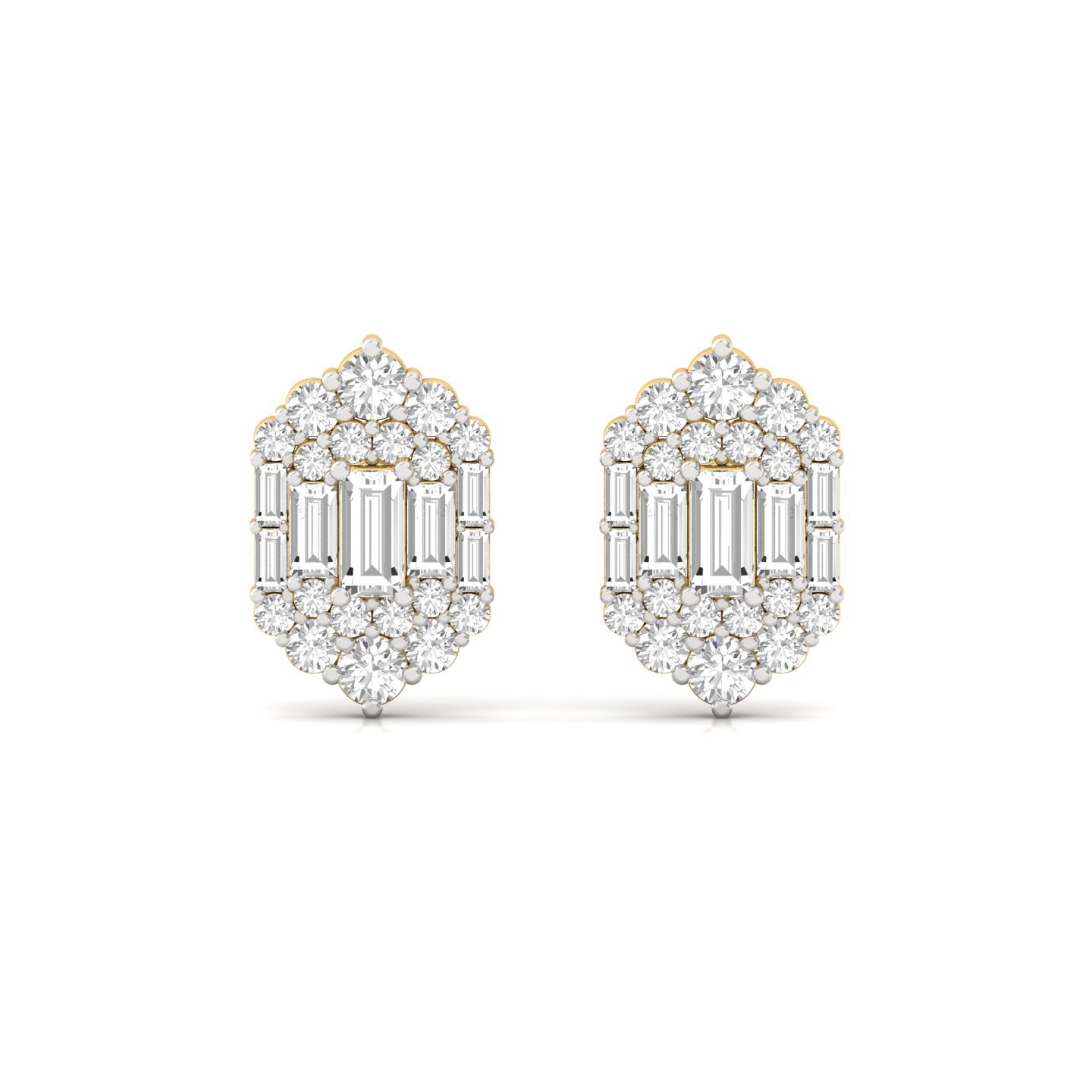 Baguette & Round Cut Diamond Stud Earrings (1 Pair) | Elegant Lab Grown CVD Diamond Cluster Earrings | 925 Silver | 10K | 14K | 18K - View 2