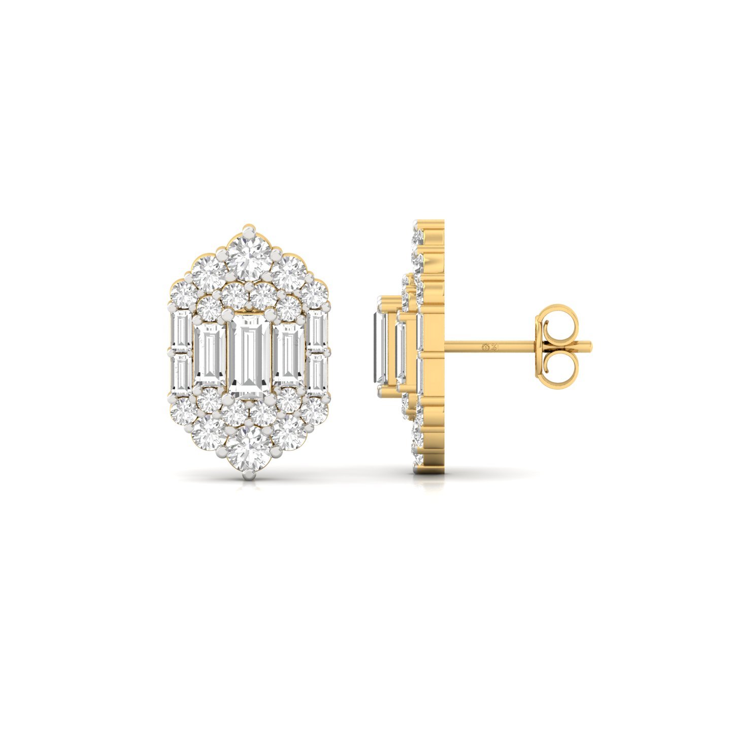 Baguette & Round Cut Diamond Stud Earrings (1 Pair) | Elegant Lab Grown CVD Diamond Cluster Earrings | 925 Silver | 10K | 14K | 18K - Gold Main View