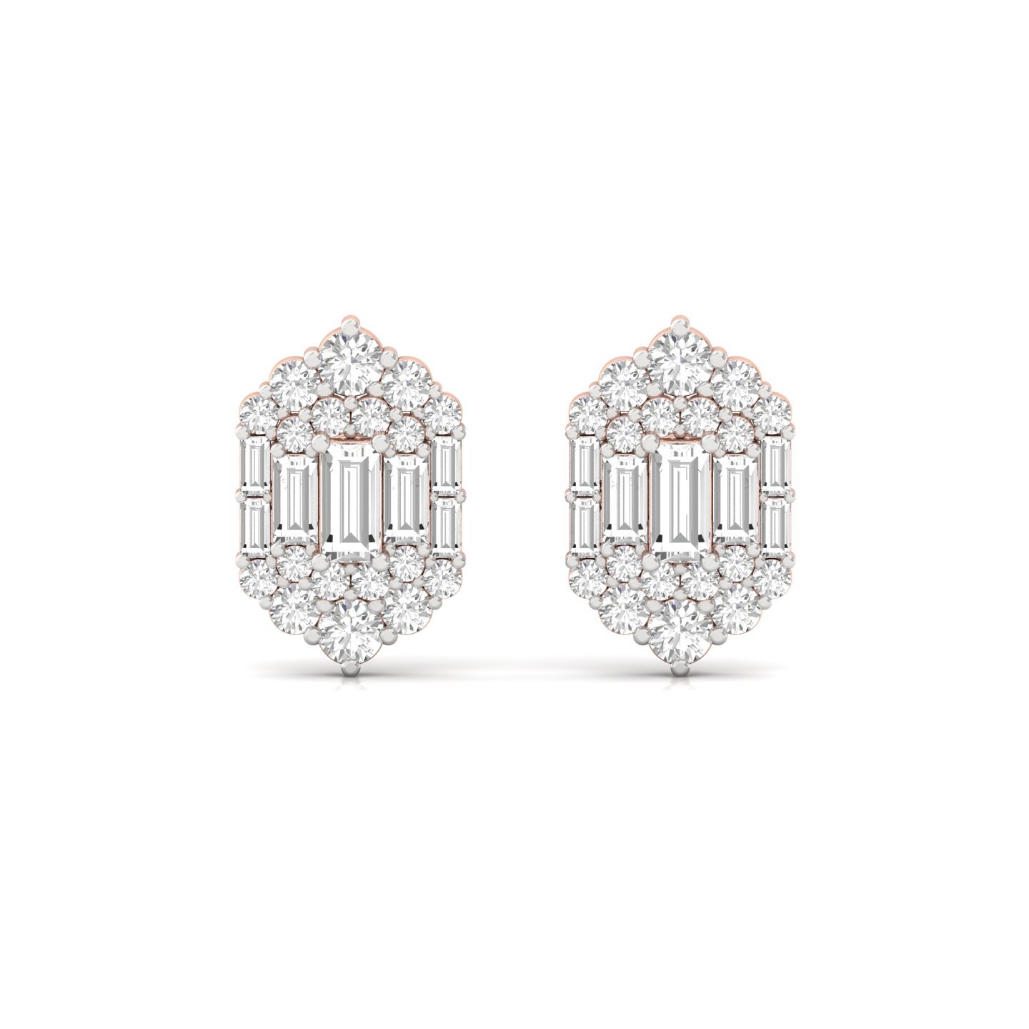 Baguette & Round Cut Diamond Stud Earrings (1 Pair) | Elegant Lab Grown CVD Diamond Cluster Earrings | 925 Silver | 10K | 14K | 18K - View 2