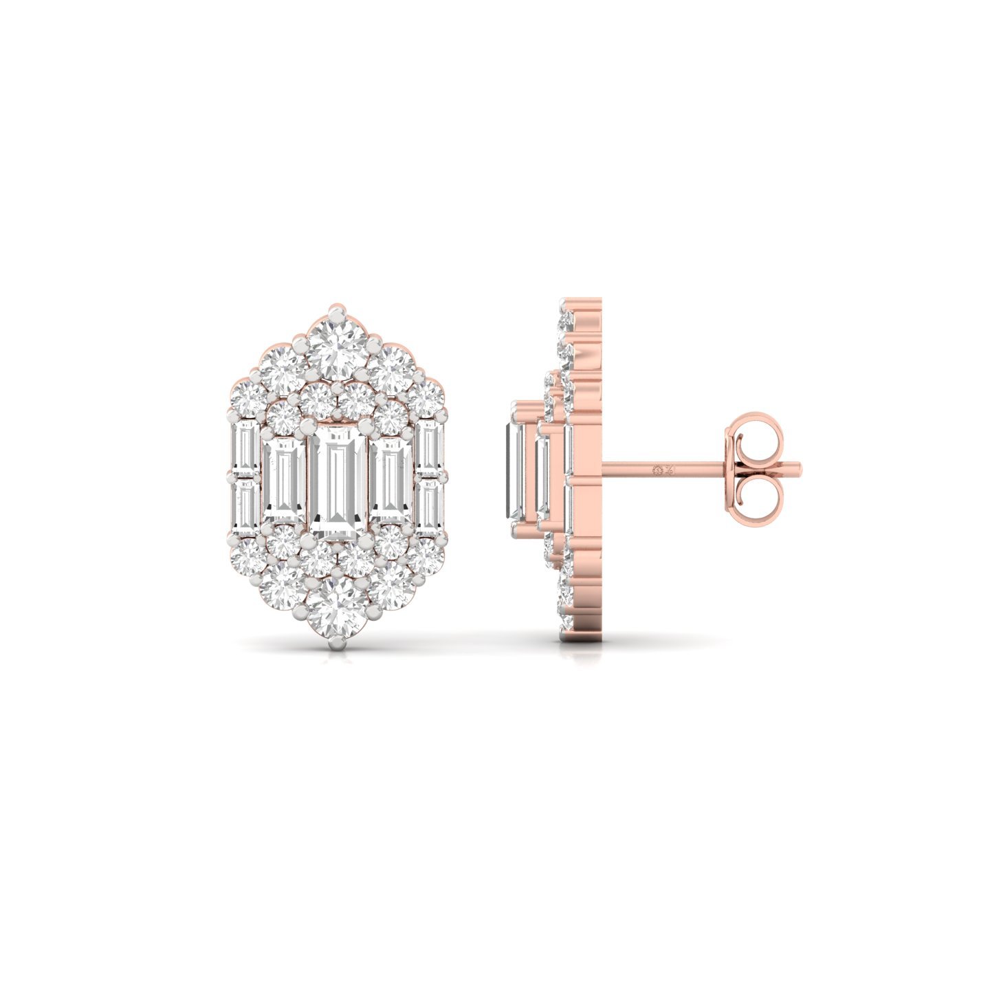 Baguette & Round Cut Diamond Stud Earrings (1 Pair) | Elegant Lab Grown CVD Diamond Cluster Earrings | 925 Silver | 10K | 14K | 18K - Rose Gold Main View