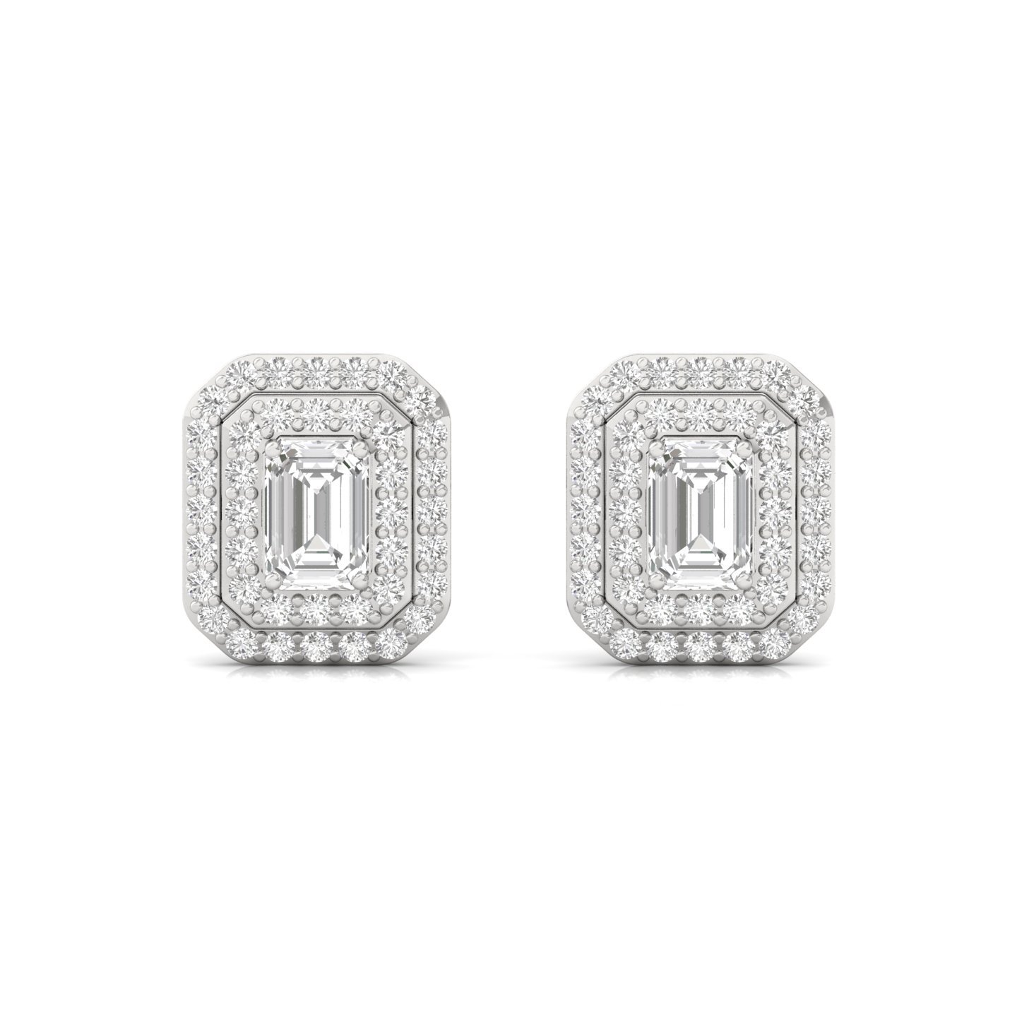 1.26 CT Emerald Cut Diamond Stud Earrings (1 Pair) | Double Halo Lab Grown CVD Diamond Earrings | 925 Silver | 10K | 14K | 18K - View 2