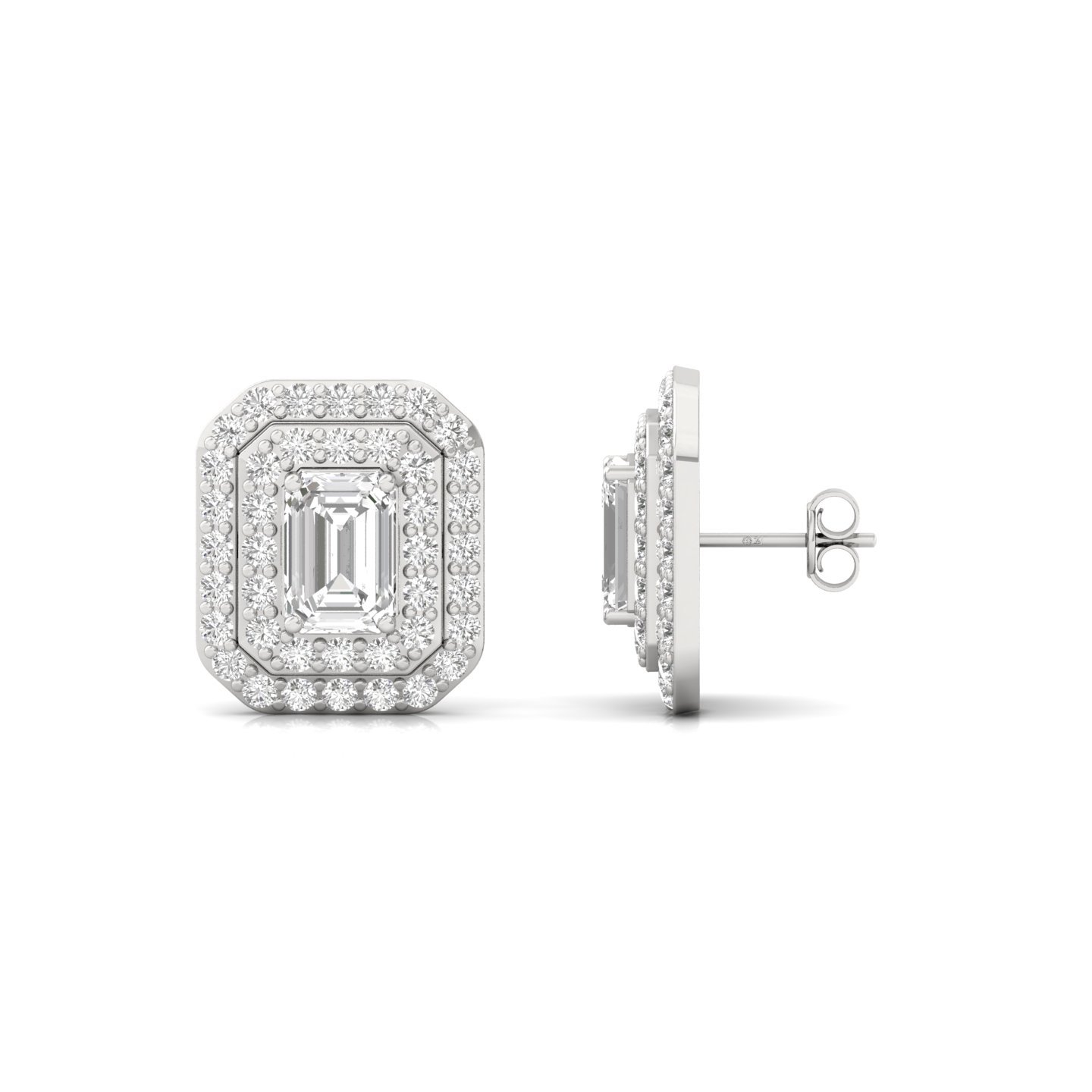 1.26 CT Emerald Cut Diamond Stud Earrings (1 Pair) | Double Halo Lab Grown CVD Diamond Earrings | 925 Silver | 10K | 14K | 18K - Main View