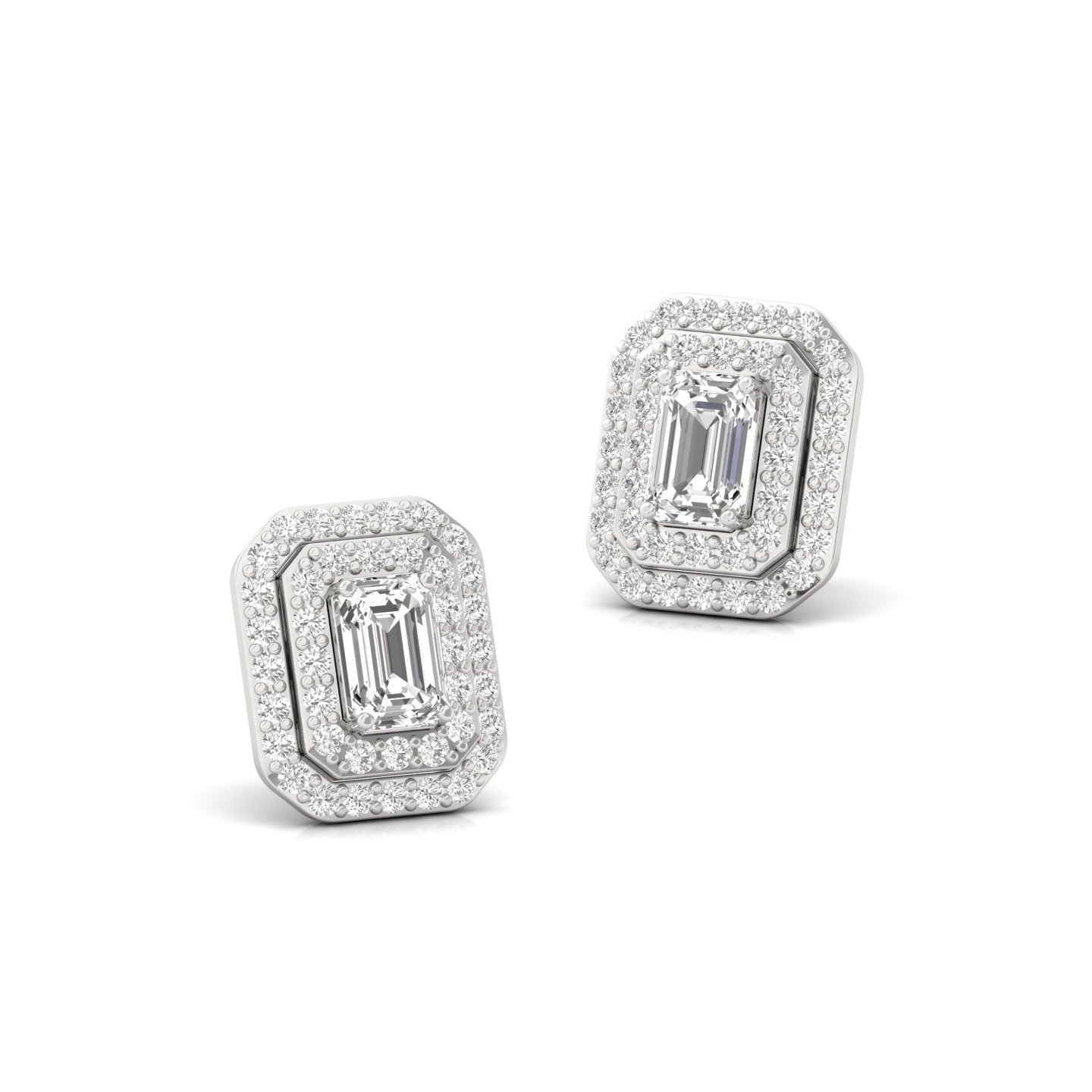 1.26 CT Emerald Cut Diamond Stud Earrings (1 Pair) | Double Halo Lab Grown CVD Diamond Earrings | 925 Silver | 10K | 14K | 18K - View 3