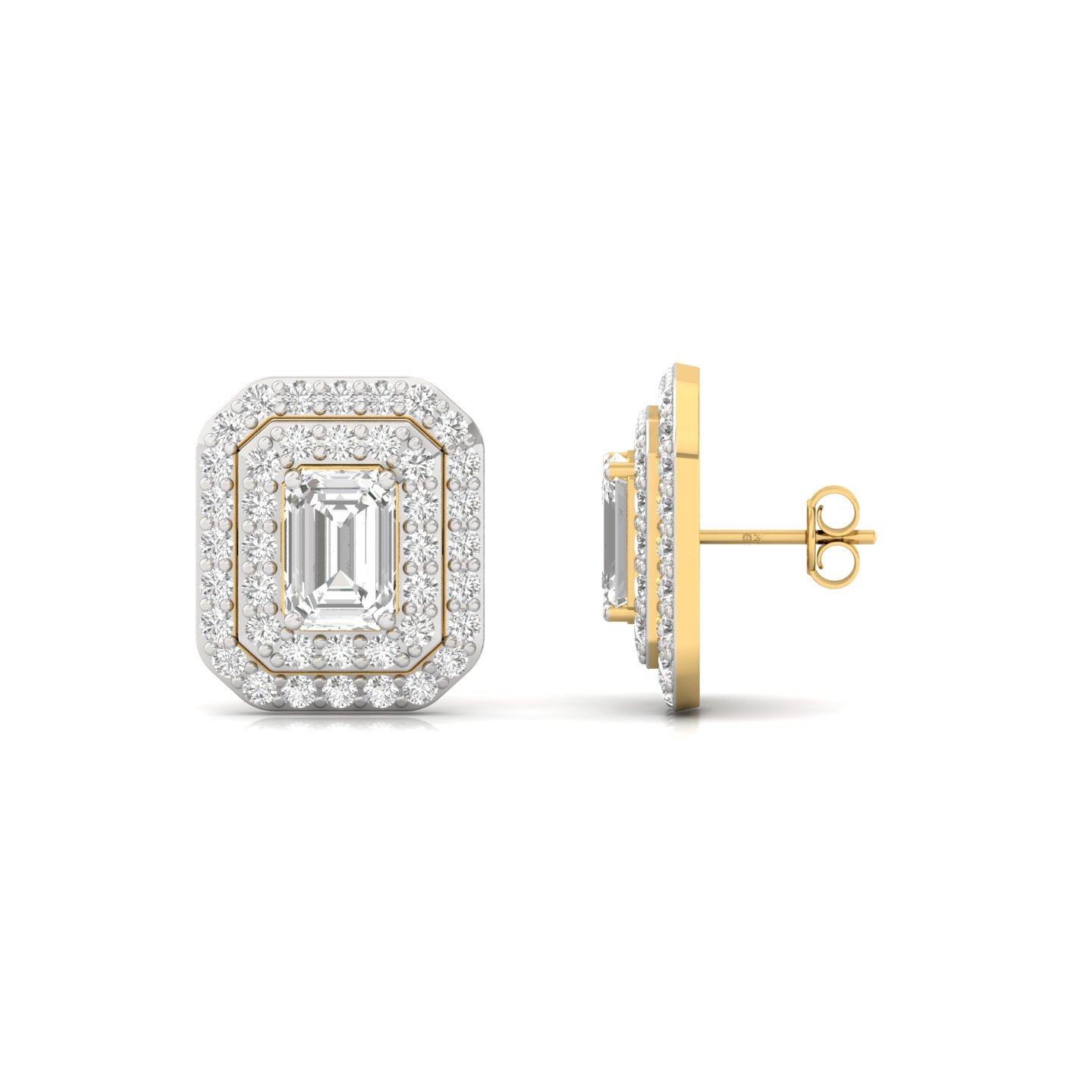 1.26 CT Emerald Cut Diamond Stud Earrings (1 Pair) | Double Halo Lab Grown CVD Diamond Earrings | 925 Silver | 10K | 14K | 18K - Gold Main View