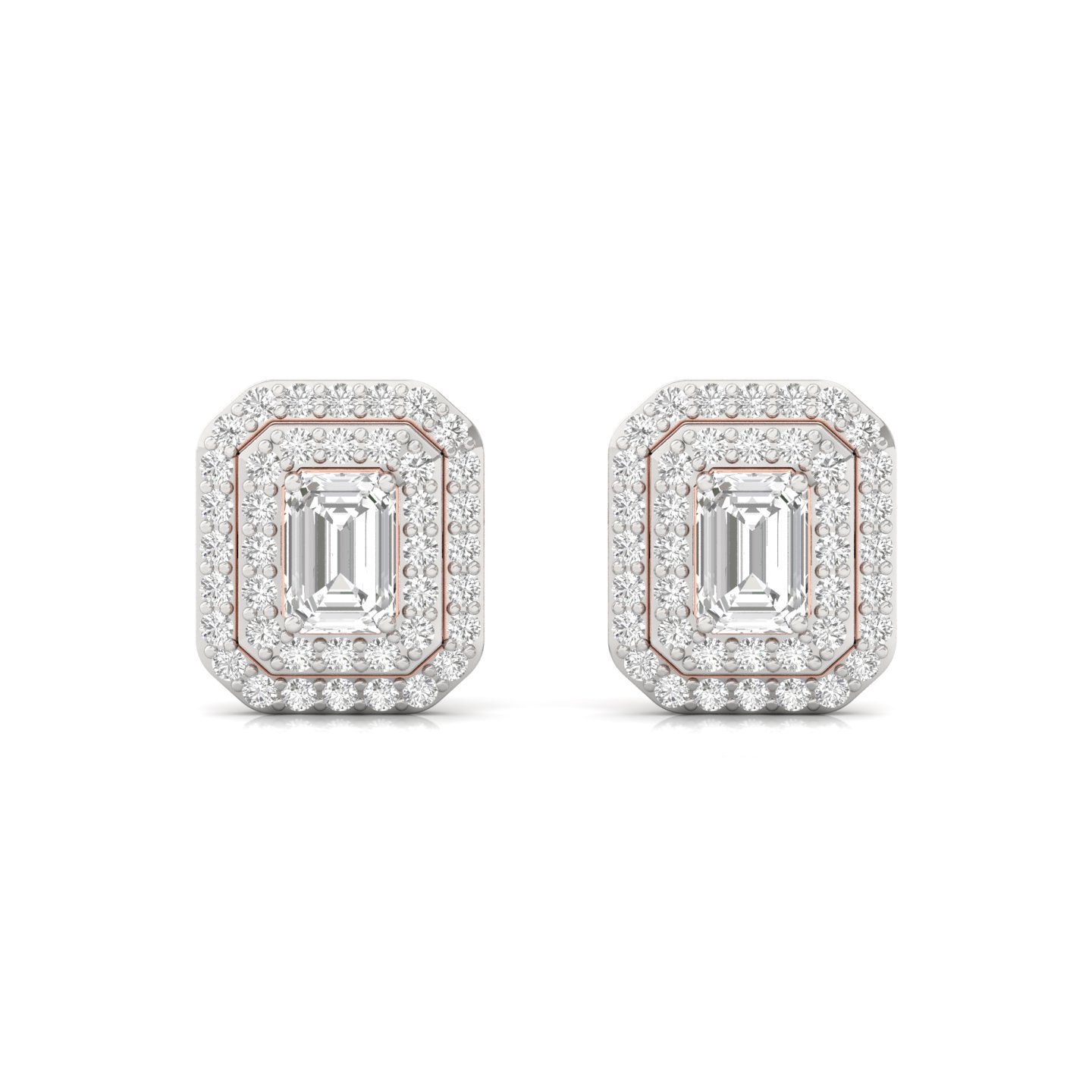1.26 CT Emerald Cut Diamond Stud Earrings (1 Pair) | Double Halo Lab Grown CVD Diamond Earrings | 925 Silver | 10K | 14K | 18K - View 2