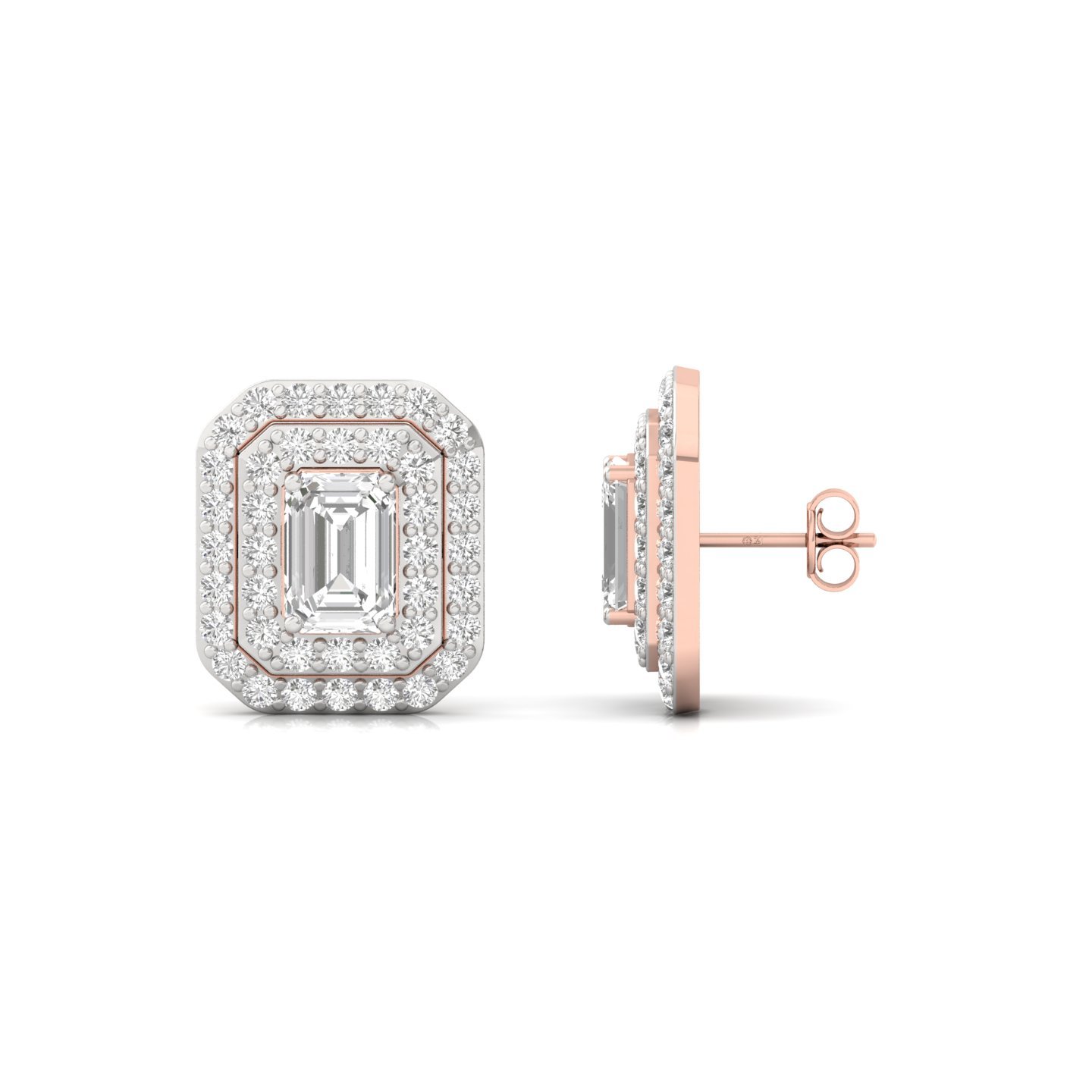 1.26 CT Emerald Cut Diamond Stud Earrings (1 Pair) | Double Halo Lab Grown CVD Diamond Earrings | 925 Silver | 10K | 14K | 18K - Rose Gold Main View