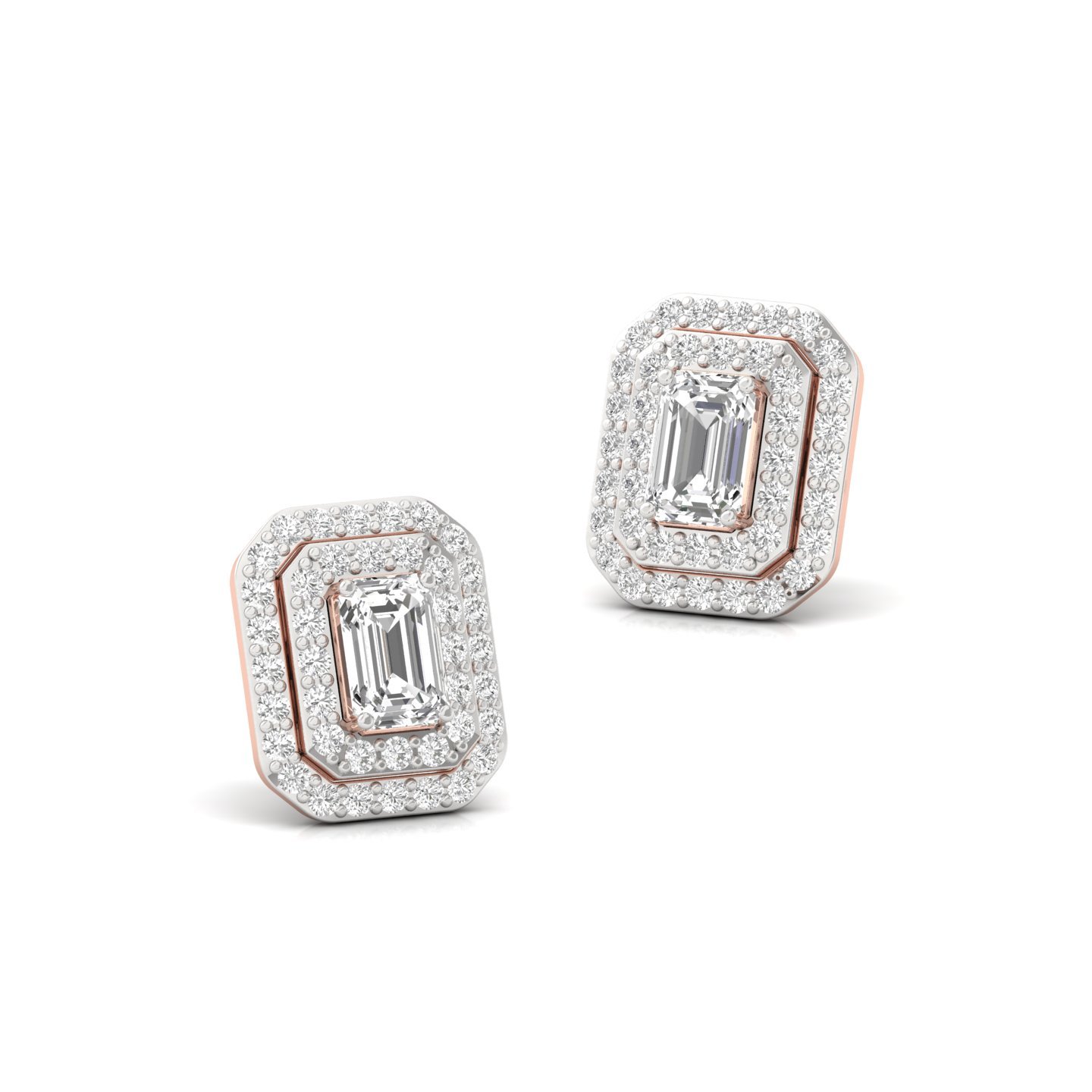 1.26 CT Emerald Cut Diamond Stud Earrings (1 Pair) | Double Halo Lab Grown CVD Diamond Earrings | 925 Silver | 10K | 14K | 18K - View 3