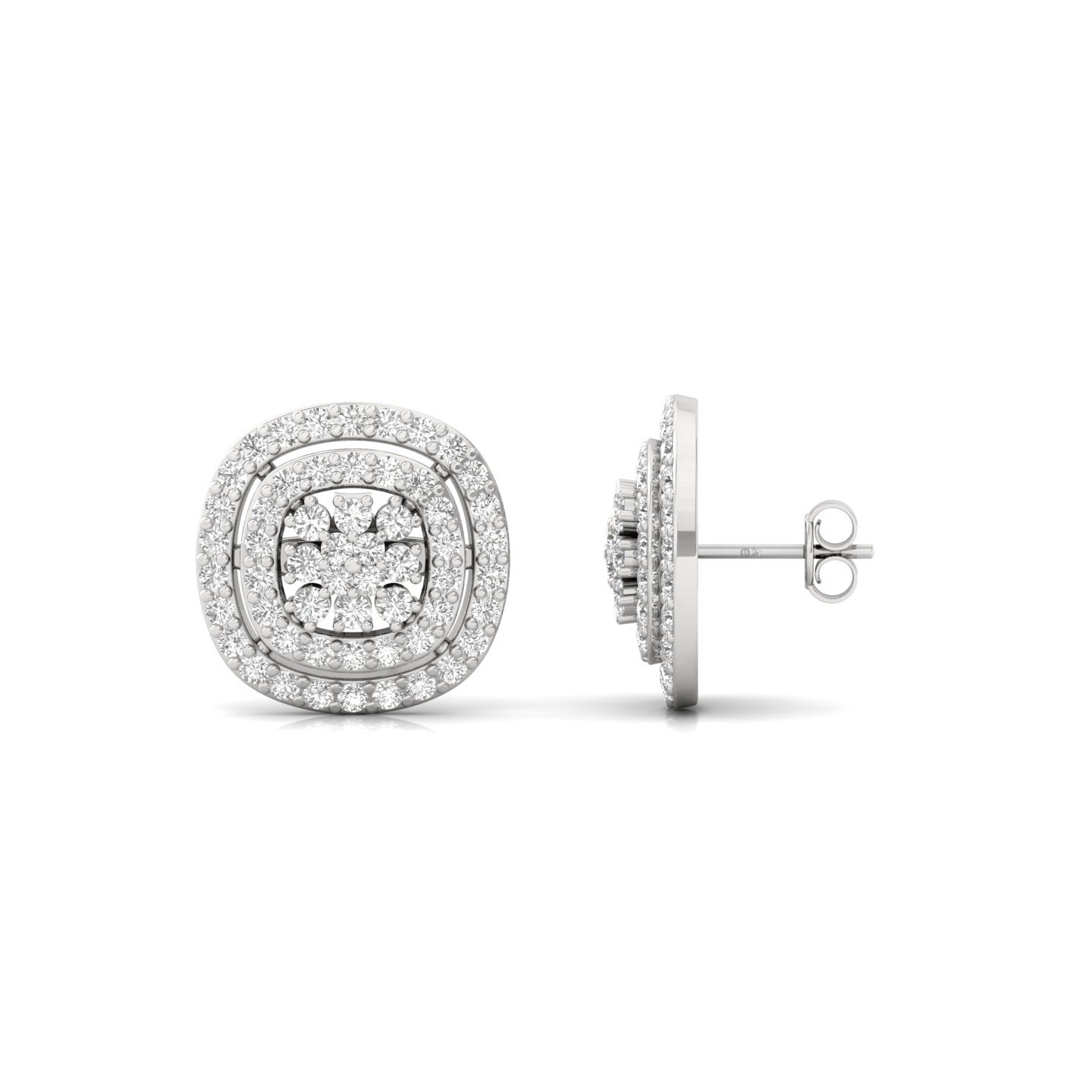 Round Cut Diamond Stud Earrings (1 Pair) | Floral Double Halo Lab Grown CVD Diamond Earrings | 925 Silver | 10K | 14K | 18K - Main View