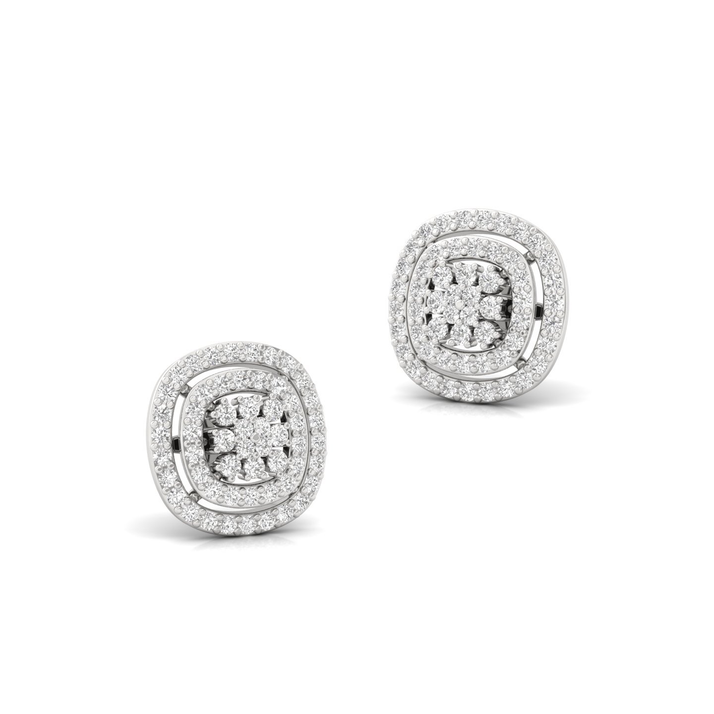 Round Cut Diamond Stud Earrings (1 Pair) | Floral Double Halo Lab Grown CVD Diamond Earrings | 925 Silver | 10K | 14K | 18K - View 3