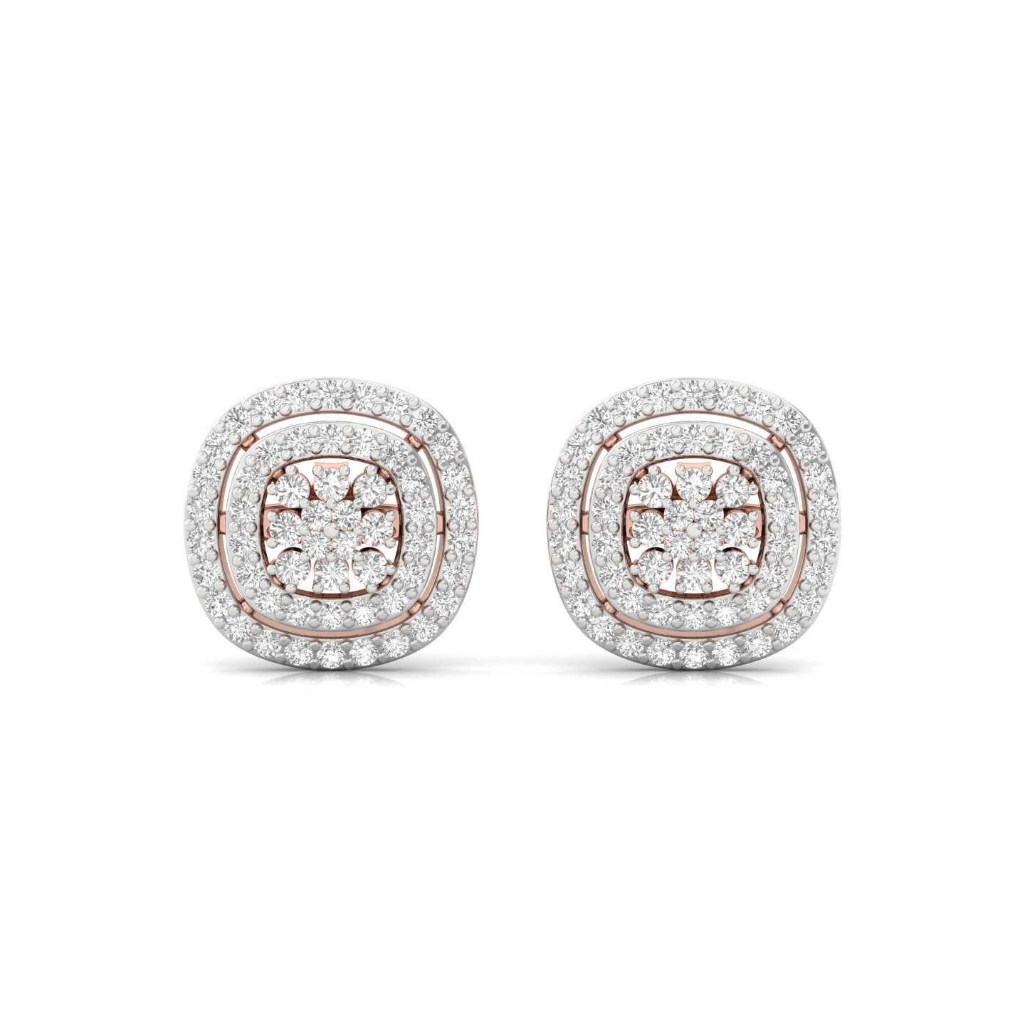 Round Cut Diamond Stud Earrings (1 Pair) | Floral Double Halo Lab Grown CVD Diamond Earrings | 925 Silver | 10K | 14K | 18K - View 2