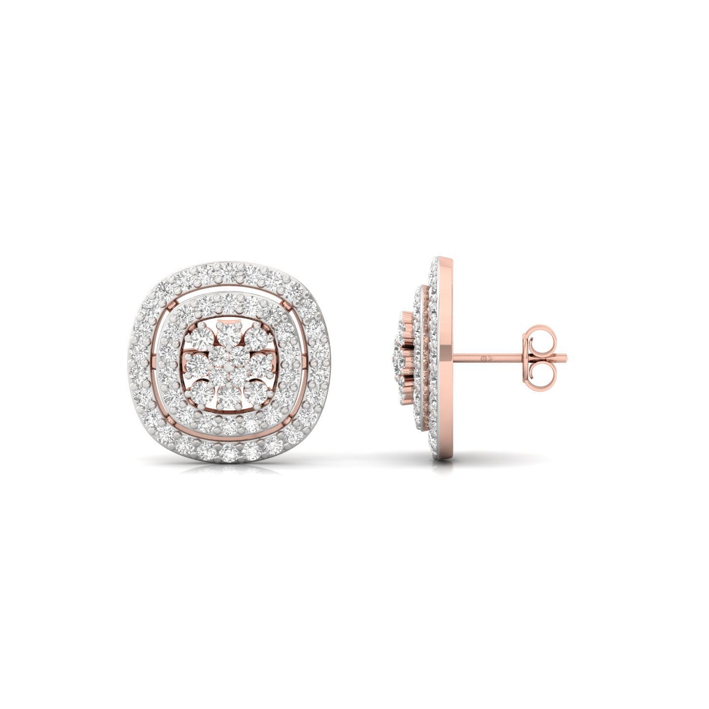 Round Cut Diamond Stud Earrings (1 Pair) | Floral Double Halo Lab Grown CVD Diamond Earrings | 925 Silver | 10K | 14K | 18K - Rose Gold Main View