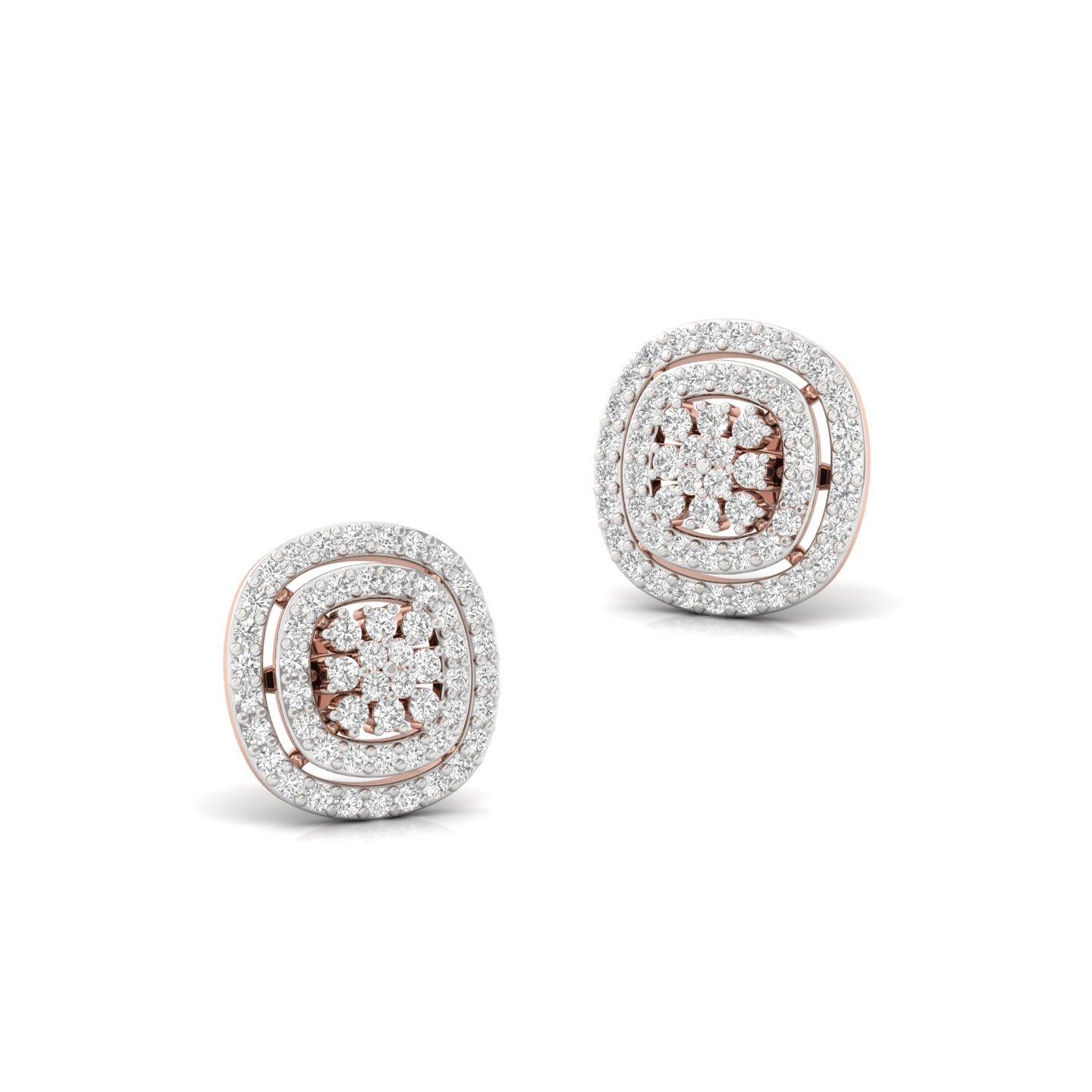Round Cut Diamond Stud Earrings (1 Pair) | Floral Double Halo Lab Grown CVD Diamond Earrings | 925 Silver | 10K | 14K | 18K - View 3