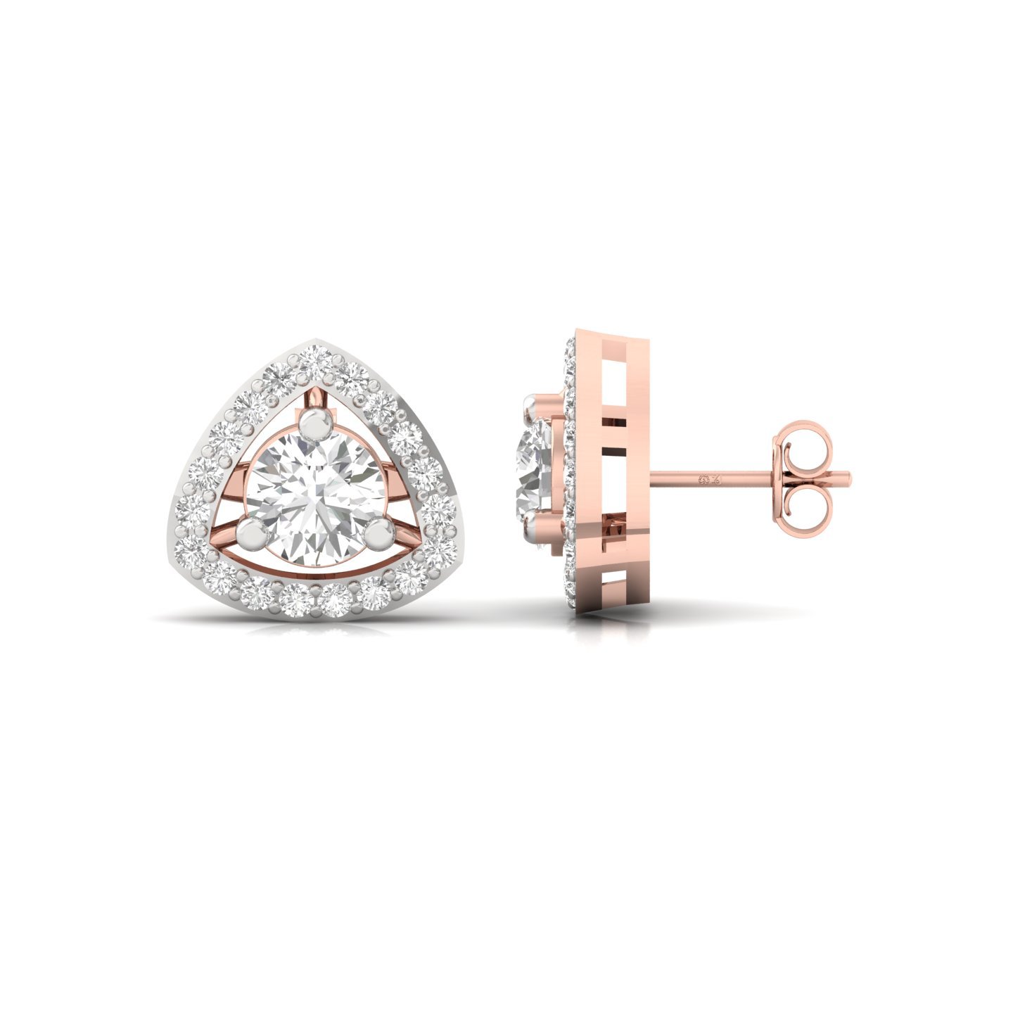 Round Cut Diamond Stud Earrings (1 Pair) | Trillion Halo Lab Grown CVD Diamond Earrings | 925 Silver | 10K | 14K | 18K - Rose Gold Main View