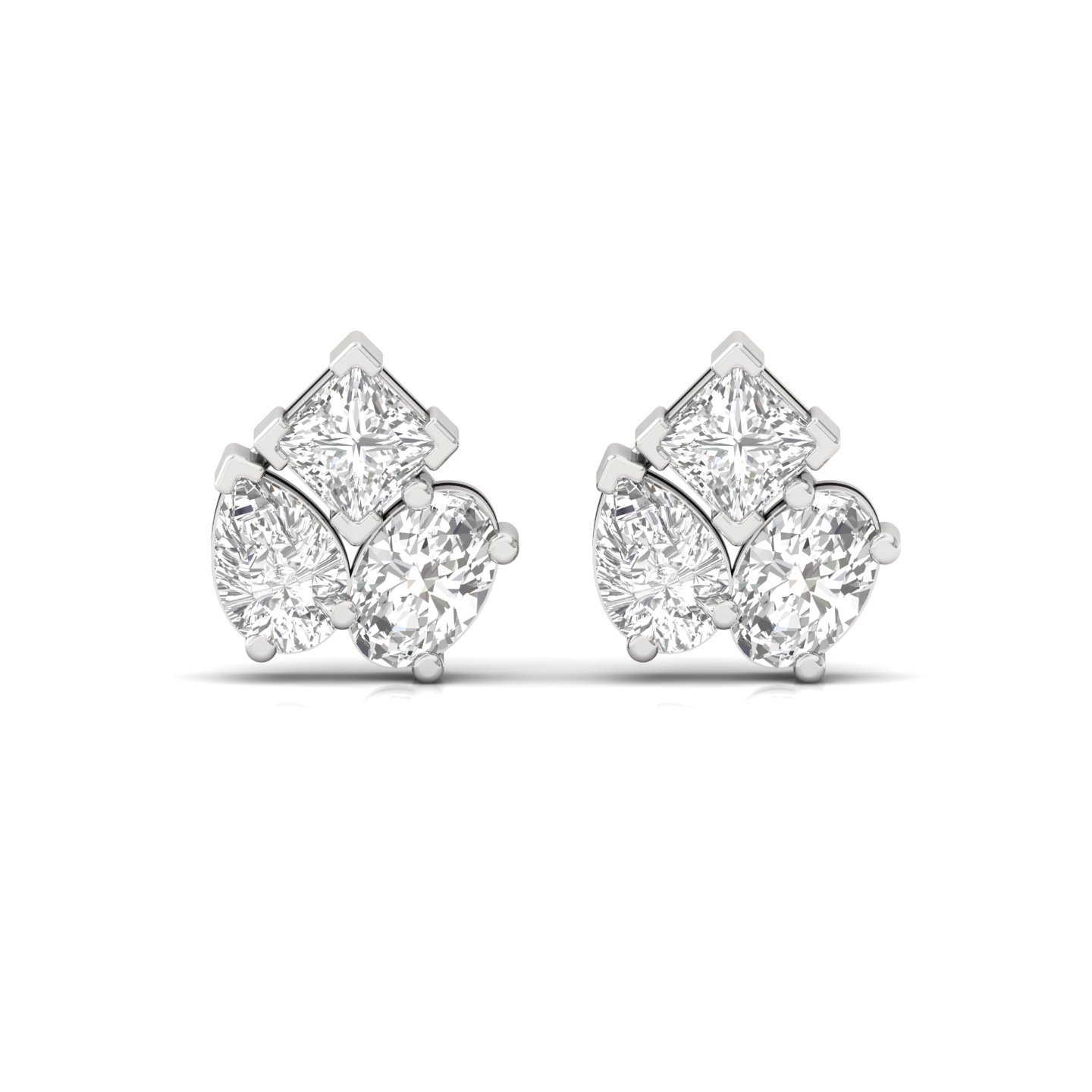 Mixed Cut Diamond Stud Earrings (1 Pair) | Oval, Pear & Princess Lab Grown CVD Diamond Trio Earrings | 925 Silver | 10K | 14K | 18K - View 2