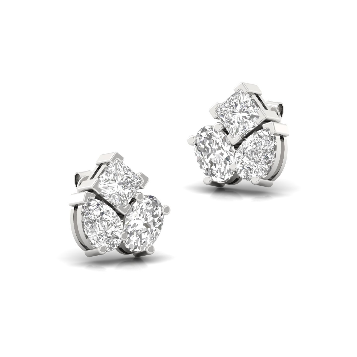 Mixed Cut Diamond Stud Earrings (1 Pair) | Oval, Pear & Princess Lab Grown CVD Diamond Trio Earrings | 925 Silver | 10K | 14K | 18K - View 3